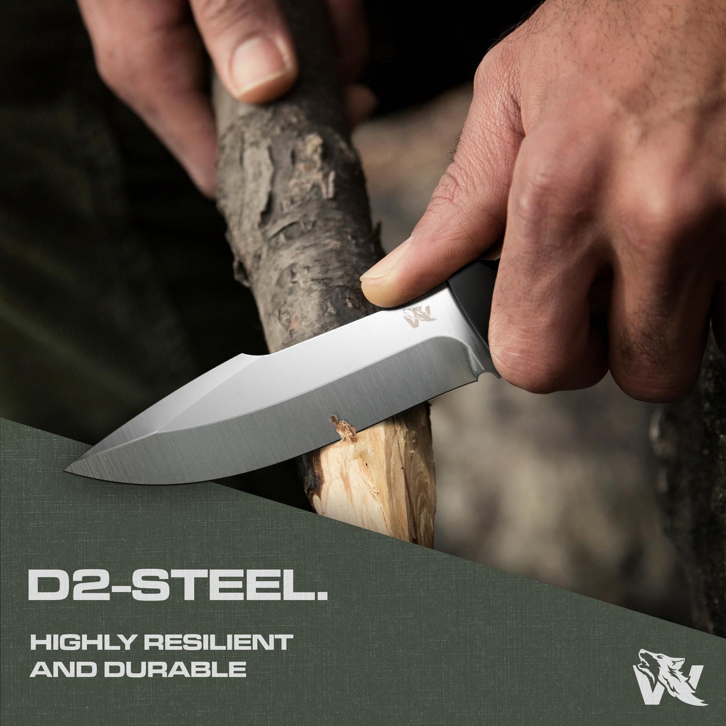 ODENWOLF WOLF-II Full Tang Survival Knife with Sheath and Multi Lok - Strong Tactical Fixed Blade Knife - Made of D2 Steel - Bushcraft and Camping Knife - EDC Outdoor Knife with TPE Handle