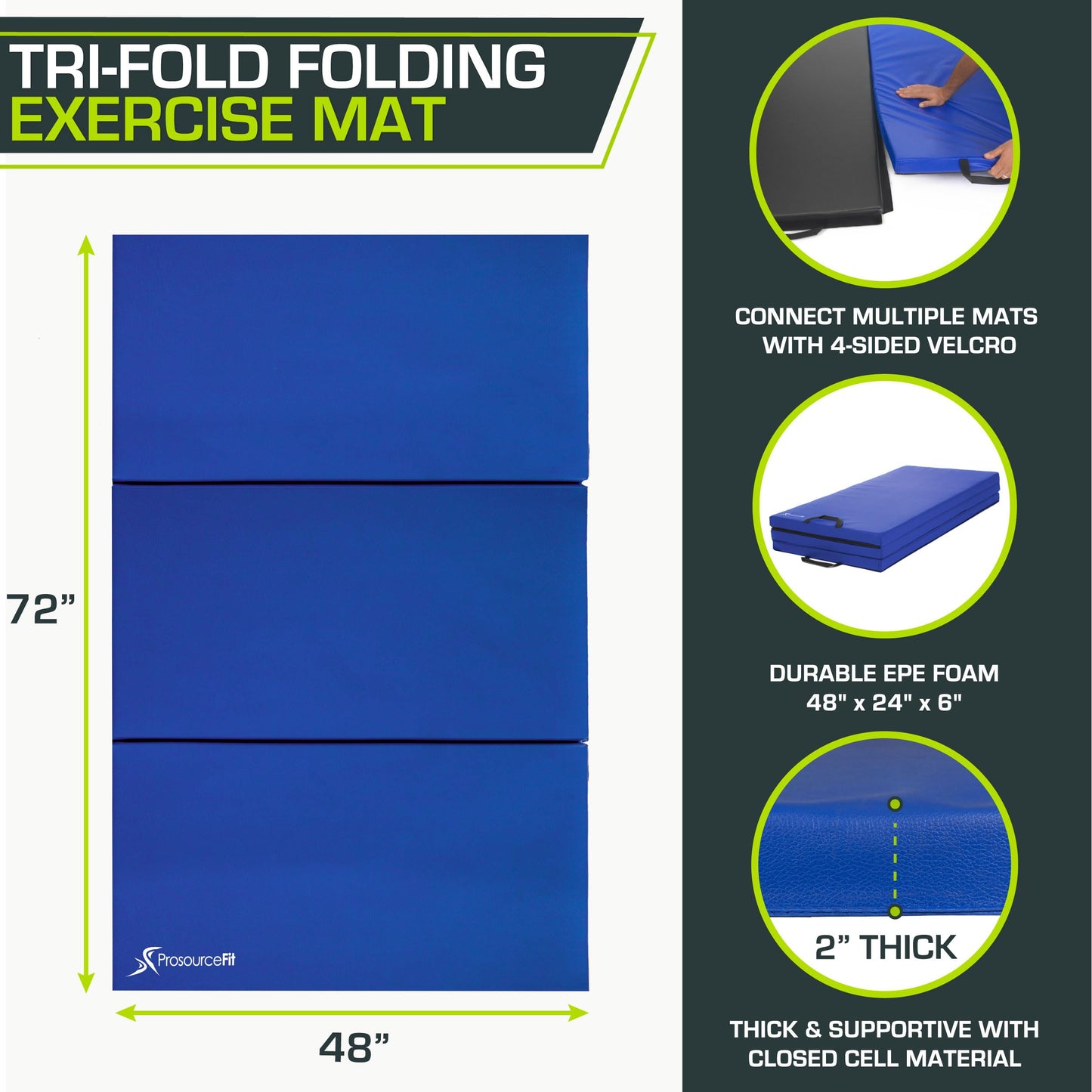 ProsourceFit Tri-Fold Folding Thick Exercise Mat 6’x4’ with Carrying Handles for Tumbling, Martial Arts, Gymnastics, Stretching, Core Workouts, Blue
