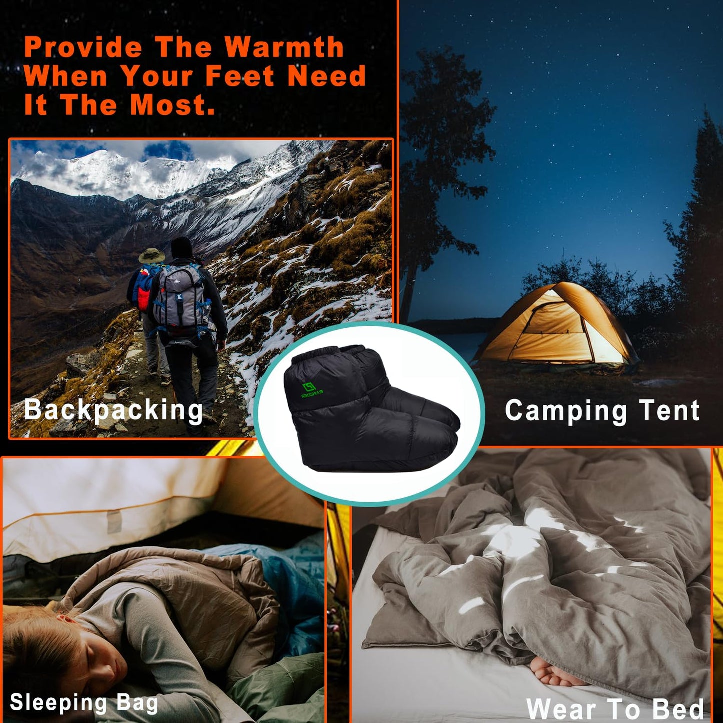 AUDIFU Down Booties Warm Socks Ultralight Sleeping Sock for Camping, Backpacking - Camp Sleeping Bag Tent Down Foot Warmer for Men & Women (Black, Medium)