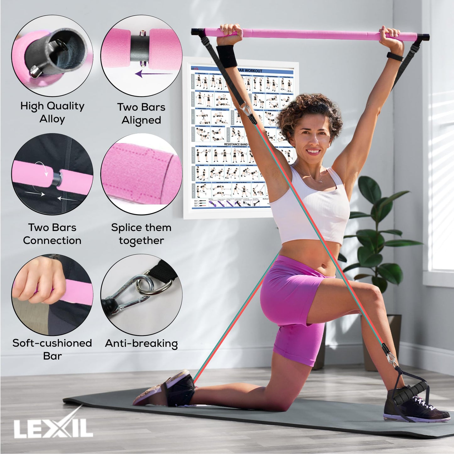 LEXIL Pilates Bar Exercise Kit-Stackable 3 Pairs of Resistance Bands (15, 20, 30LB) - Home Gym Equipment for Men and Women, Workout Kit for Body Toning,with Fitness Videoļ¼Pinkļ¼