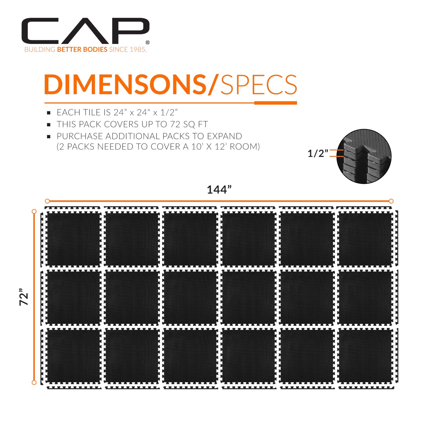 CAP Barbell 1/2-Inch Interlocking EVA Foam Exercise Puzzle Mats - 3 Pack | 24" x 24" x 1/2" | T Pattern - Black
