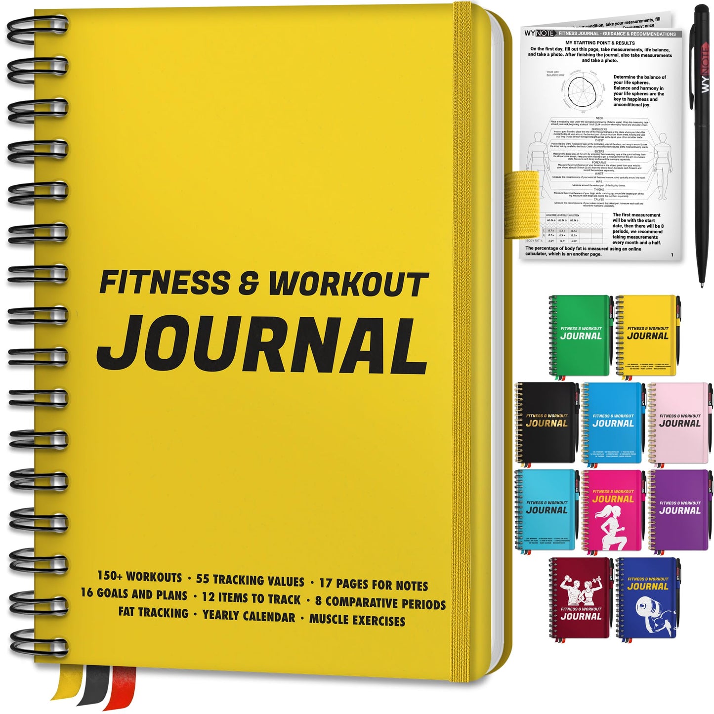 Fitness Journal Amber Yellow on 150+ Workouts + Yearly Calendar + 55 Tracking Values - A5 Workout Journal with Fat tracking - Planner to 12 items to track + 7 comparative periods + Goals