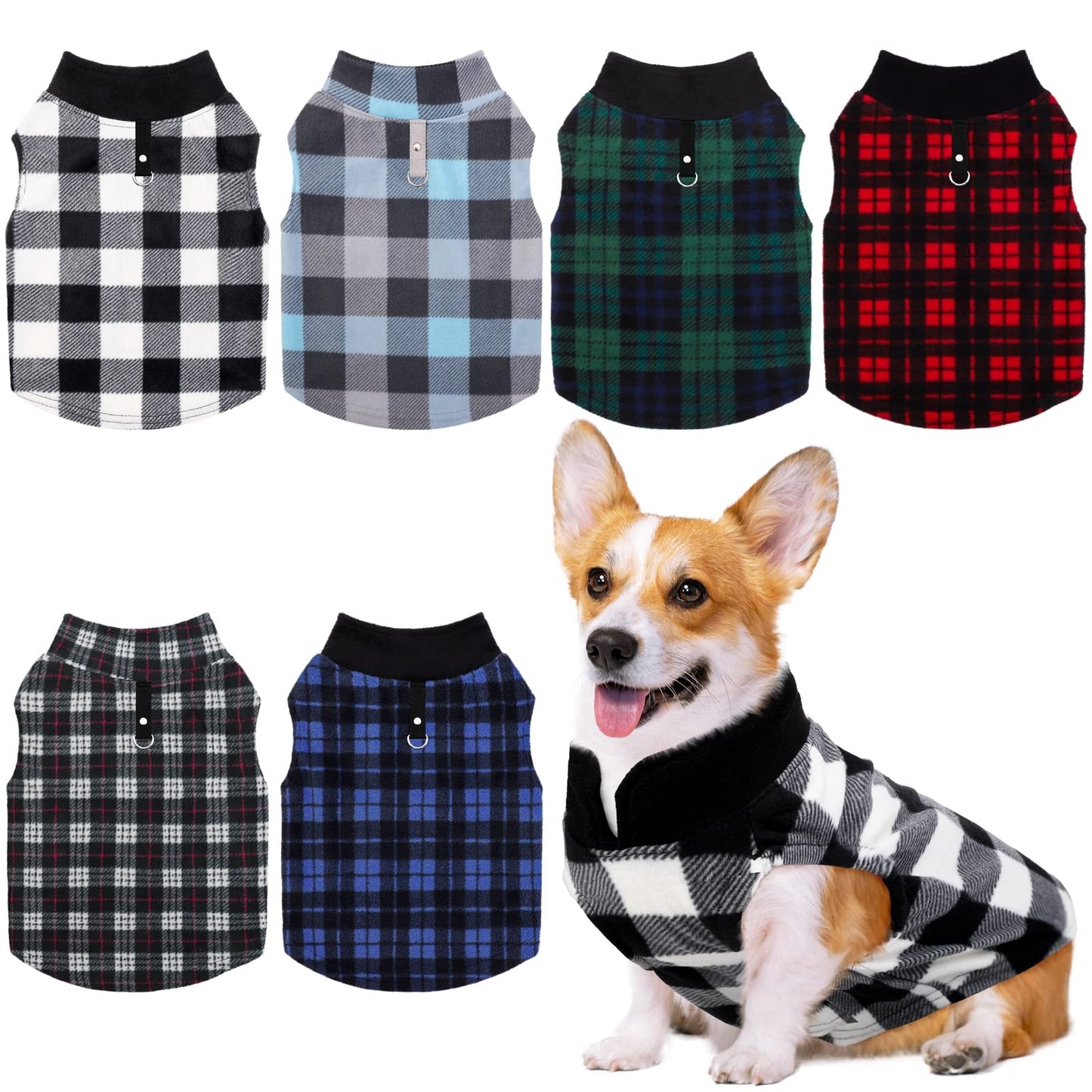 Pedgot 6 Pieces Dog Clothes Warm Dog Fleece Vest with Leash Ring Dog Sweatshirt Winter Pet Clothes Plaid Dog Pullover for Puppy Small Dogs Cat, Medium