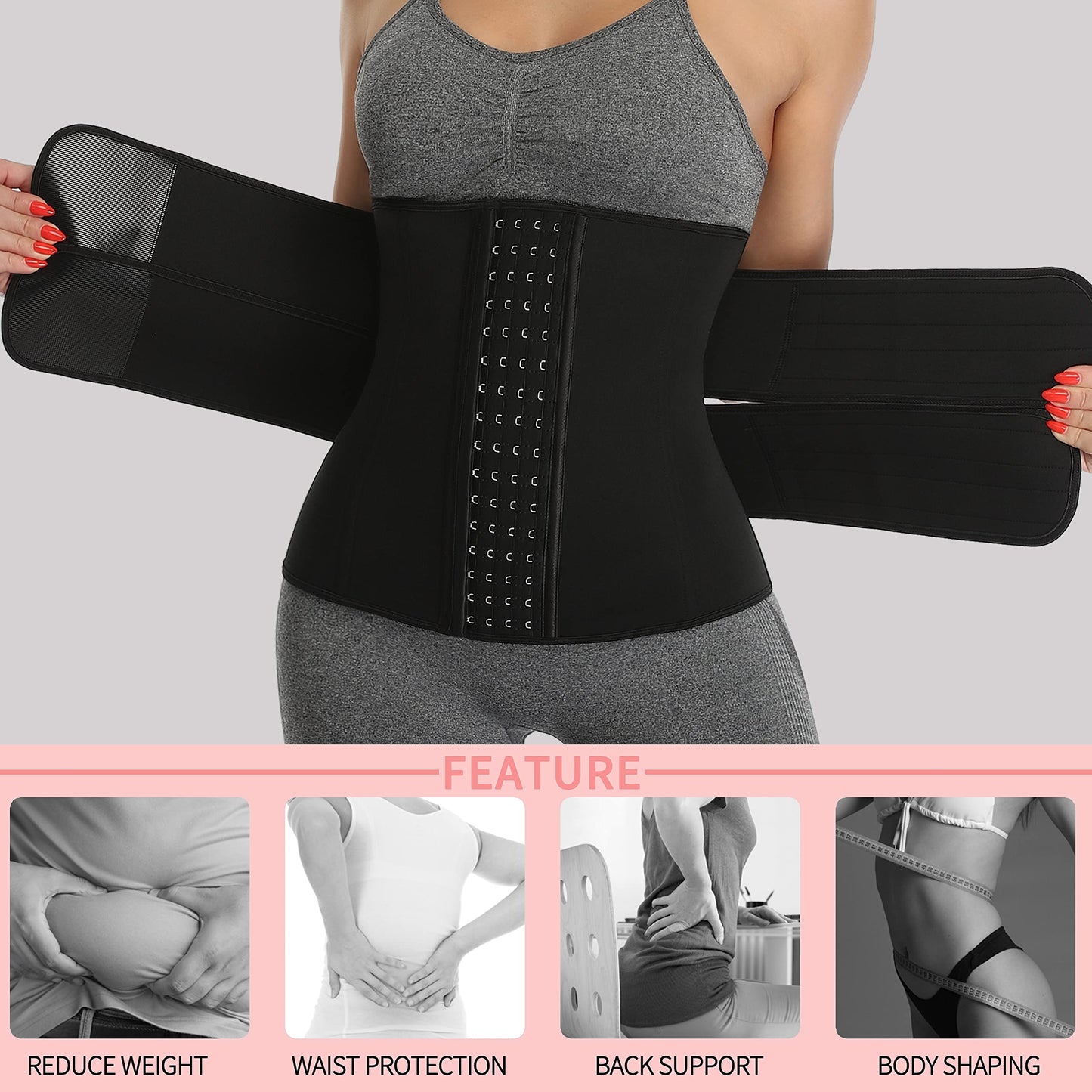 KIWI RATA Neoprene Sauna Waist Trainer Corset Sweat Belt with 2 Straps for Women Plus Size Compression Gym Workout Trimmer,#2 Hooks Black,X-Small
