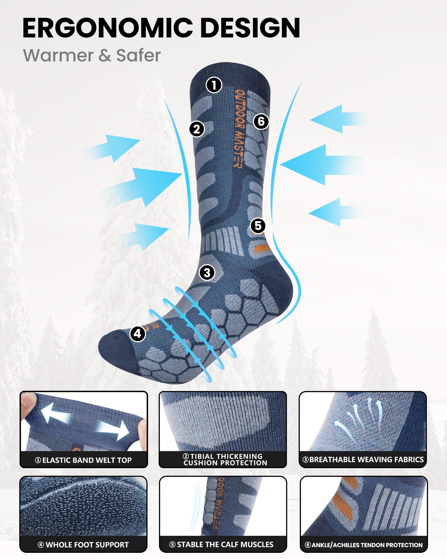 OutdoorMaster Merino Wool Ski Socks, 2-Pack Over The Calf Non-Slip Cuff Winter Compression Thermal Socks for Men & Women