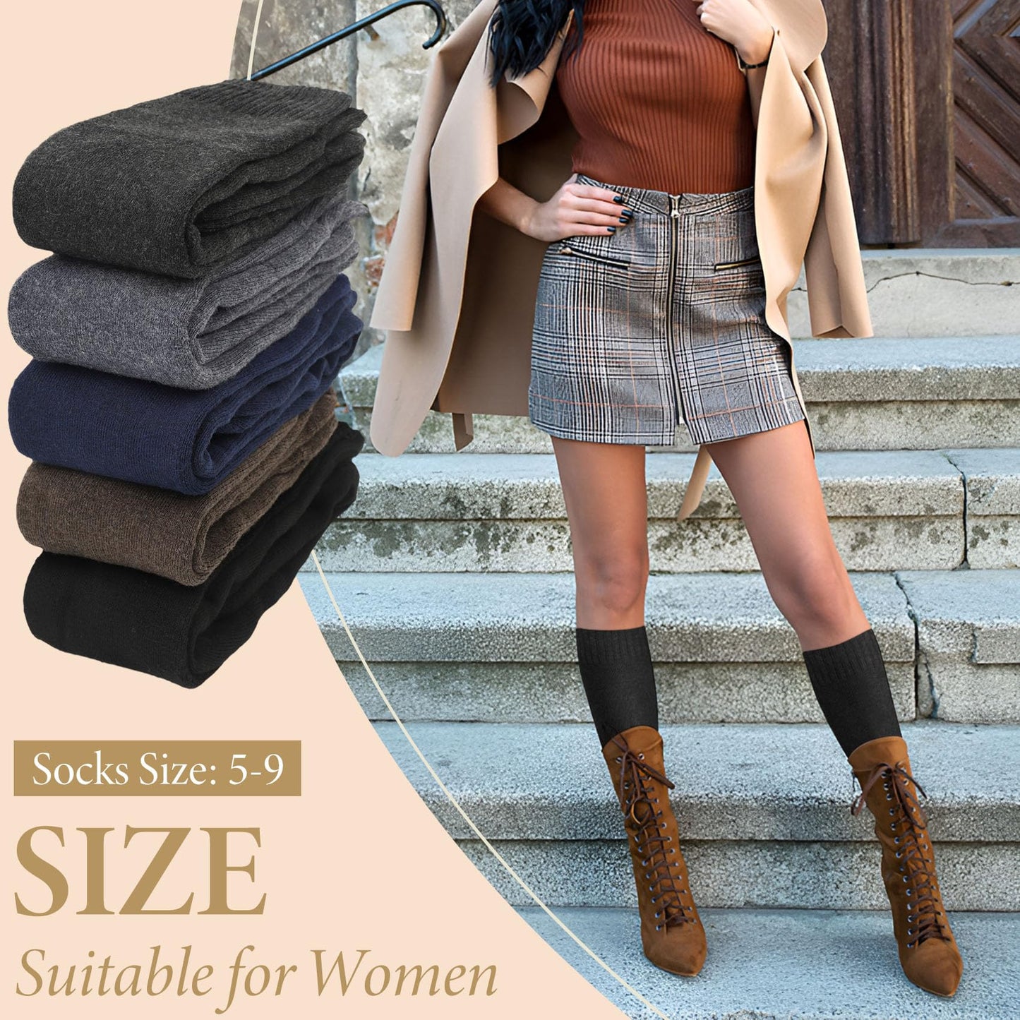 Justay 5 Pairs Womens Knee High Socks Winter Warm Tall Boot Socks Soft Thermal Knit Long Socks for Women Gifts