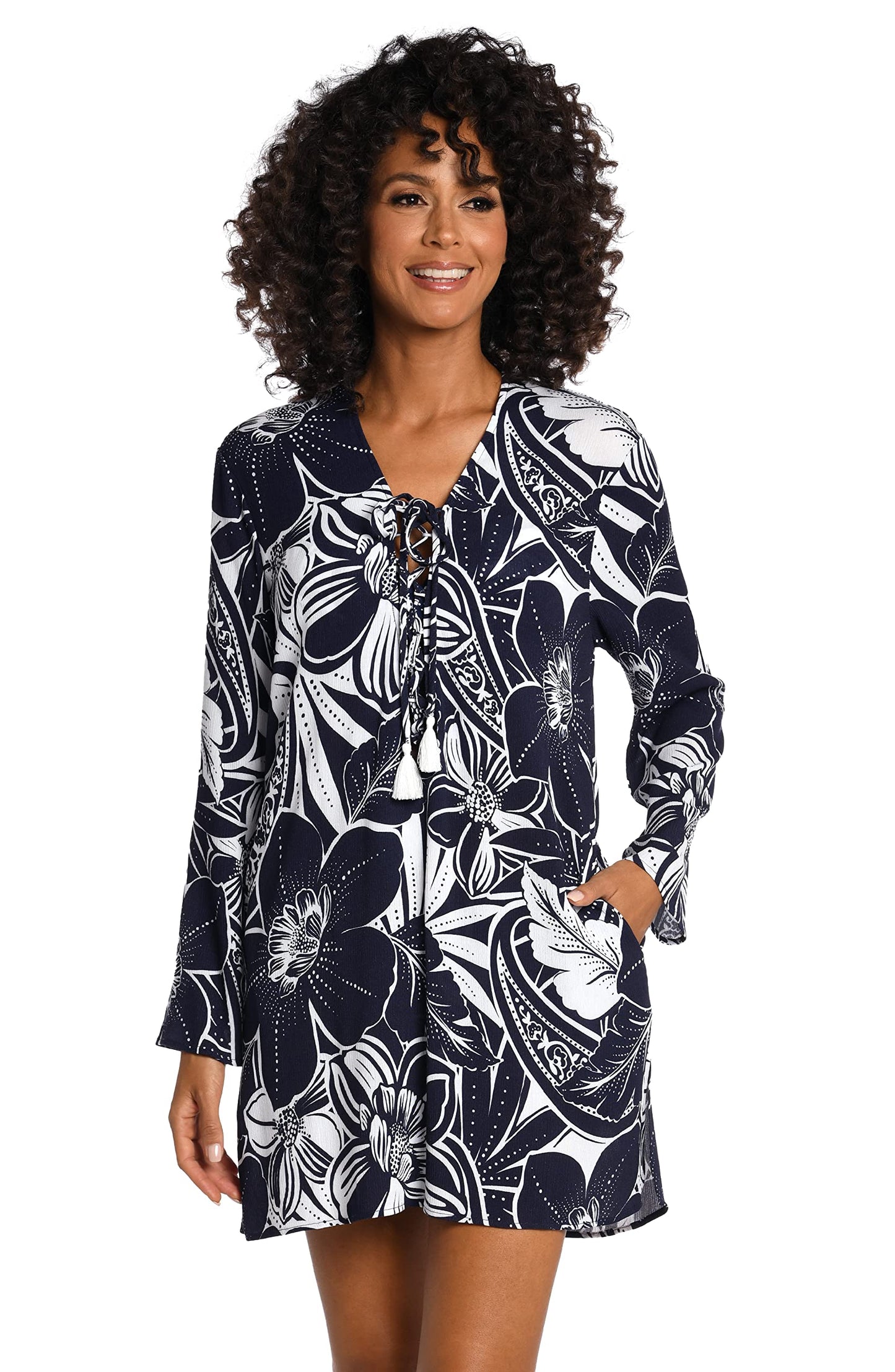 La Blanca Women's Lace Up Tunic Swimsuit Cover Up, Indigo//at The Playa, XL