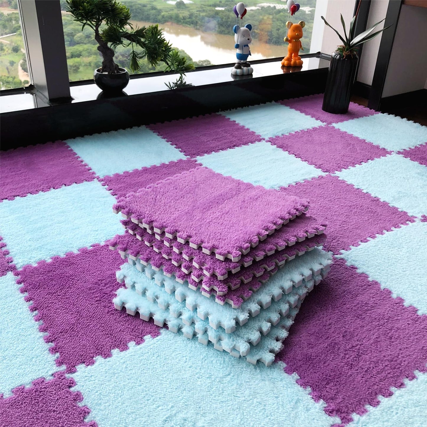easycustomerlee 12pcs Interlocking Carpet Shaggy Soft EVA Foam Mats Fluffy Rugs Protective Floor Tiles Exercise Play Mats for Children Kids Room Home Parlor Bedroom(Purple)