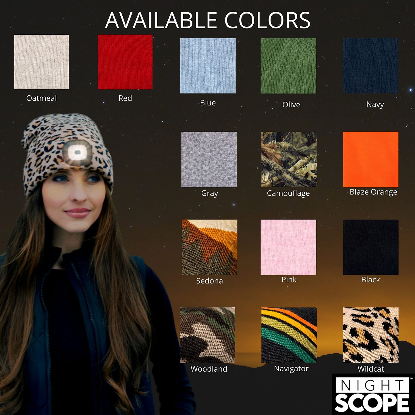 Night Scope Rechargeable LED Warm Knit Beanie Brightside Collection Hand-Free Lighted Head Lamp Hat for Women Men Girls Unisex - Wildcat
