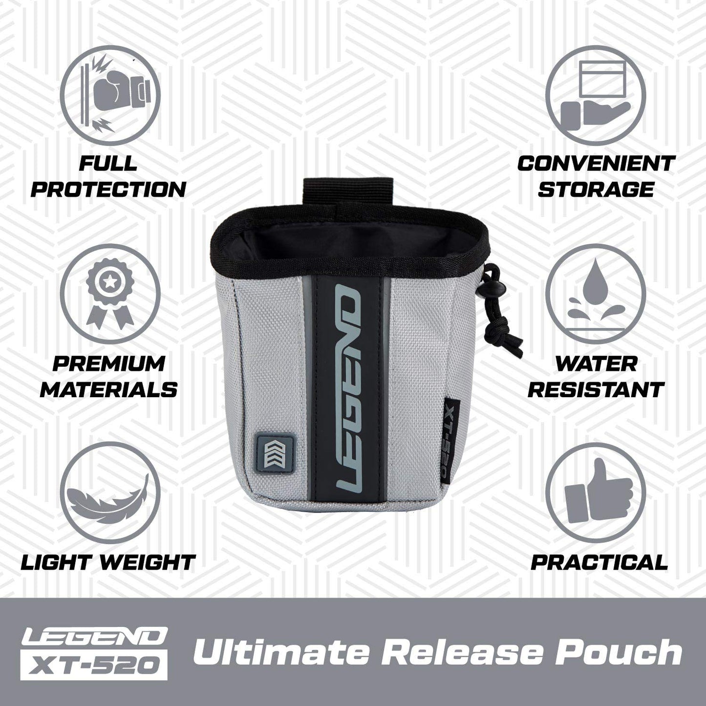 LEGEND - XT520 Quick Release Pouch & Finger Tab Bag (Grey) | Interior Divider for Better Organization & Storage of Release Aids | Attaches to Standard 2" Belt | Quick Drawstring Closure