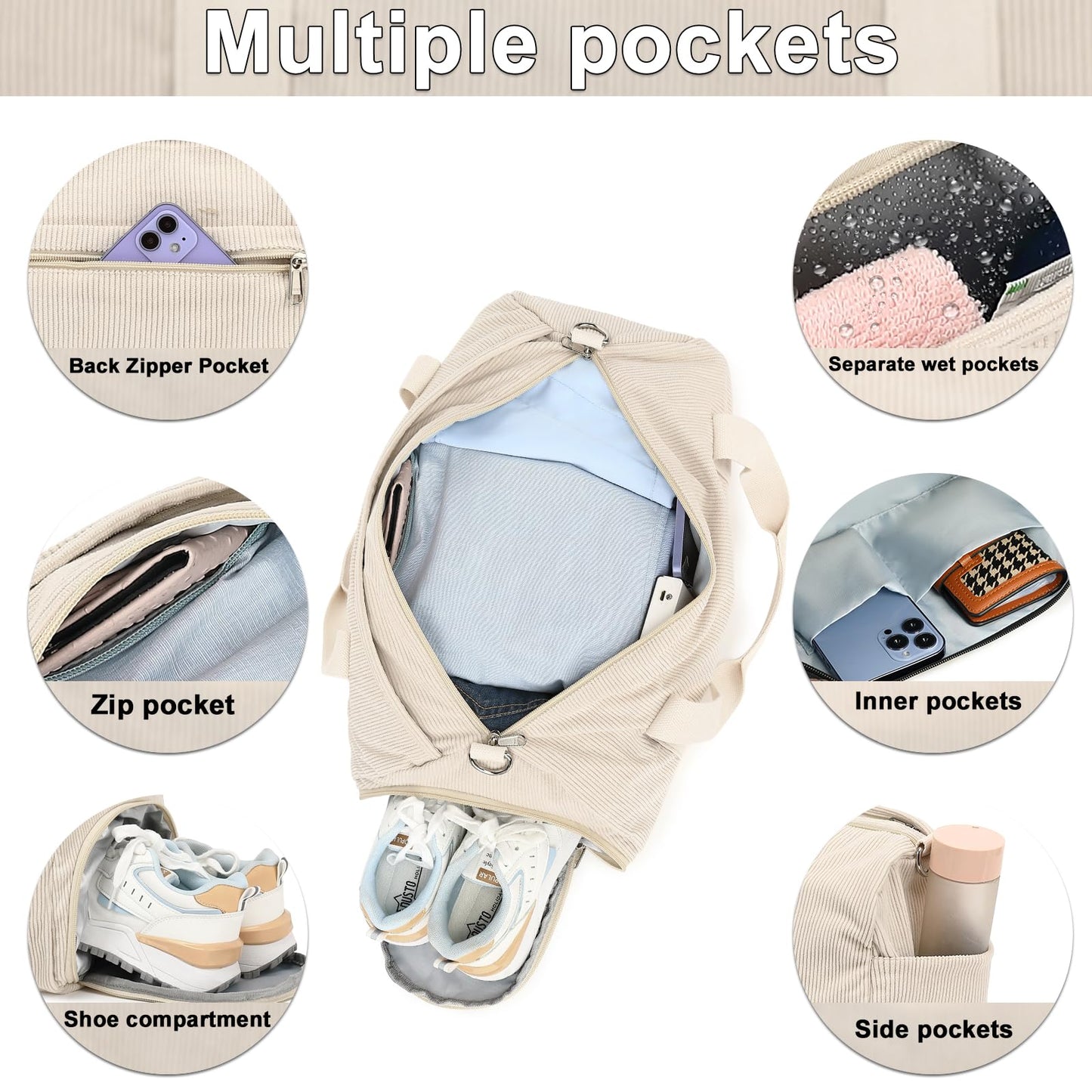 Duffle Bag for Gym Sports Women Girls Workout Travel Bag Weekender with Shoe Compartment and Wet Pocket (Corduroy-tan)
