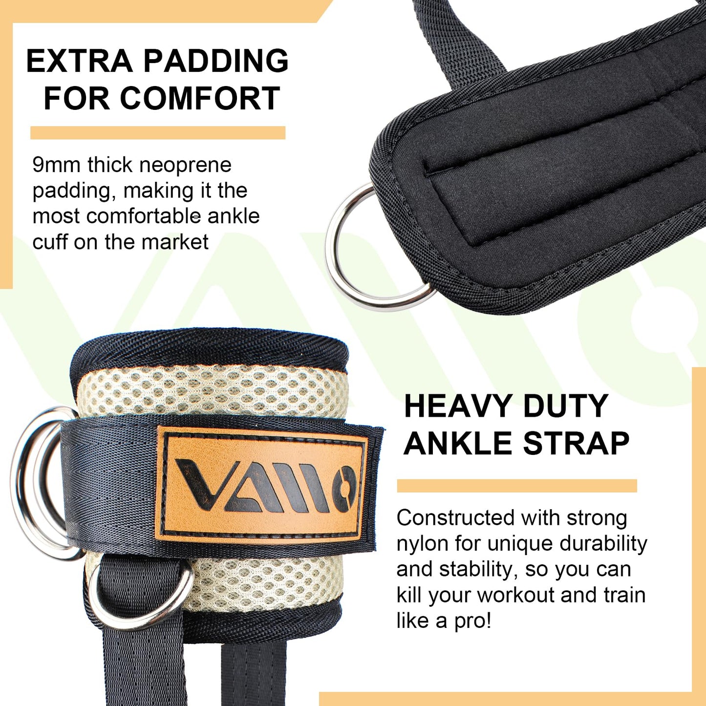 Light yellow Ankle Straps for Cable Machines,Adjustable Comfort fit Neoprene, Reinforce Double D-Ring - Premium Ankle Cuffs to Improve Abdominal Muscles, Lift The Butts, Tone The Legs for Men & Women