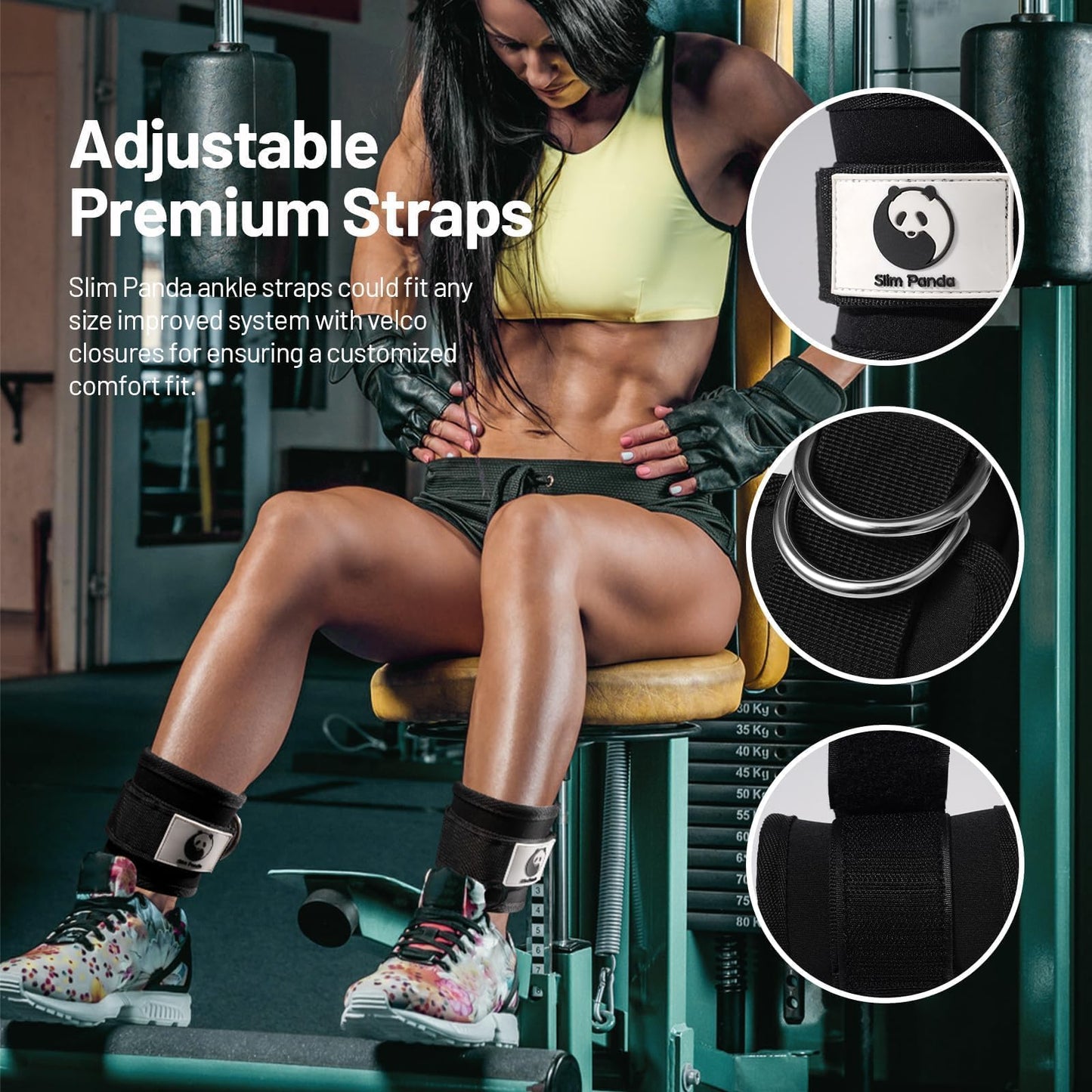 Slim Panda Ankle Strap for Cable Machine,Ankle Cuff for Kickbacks, Booty Hip Abductors,Glute Workouts, Leg Extensions, Curls for Men and Women, Adjustable with Double D-Rings (Pair, Black)
