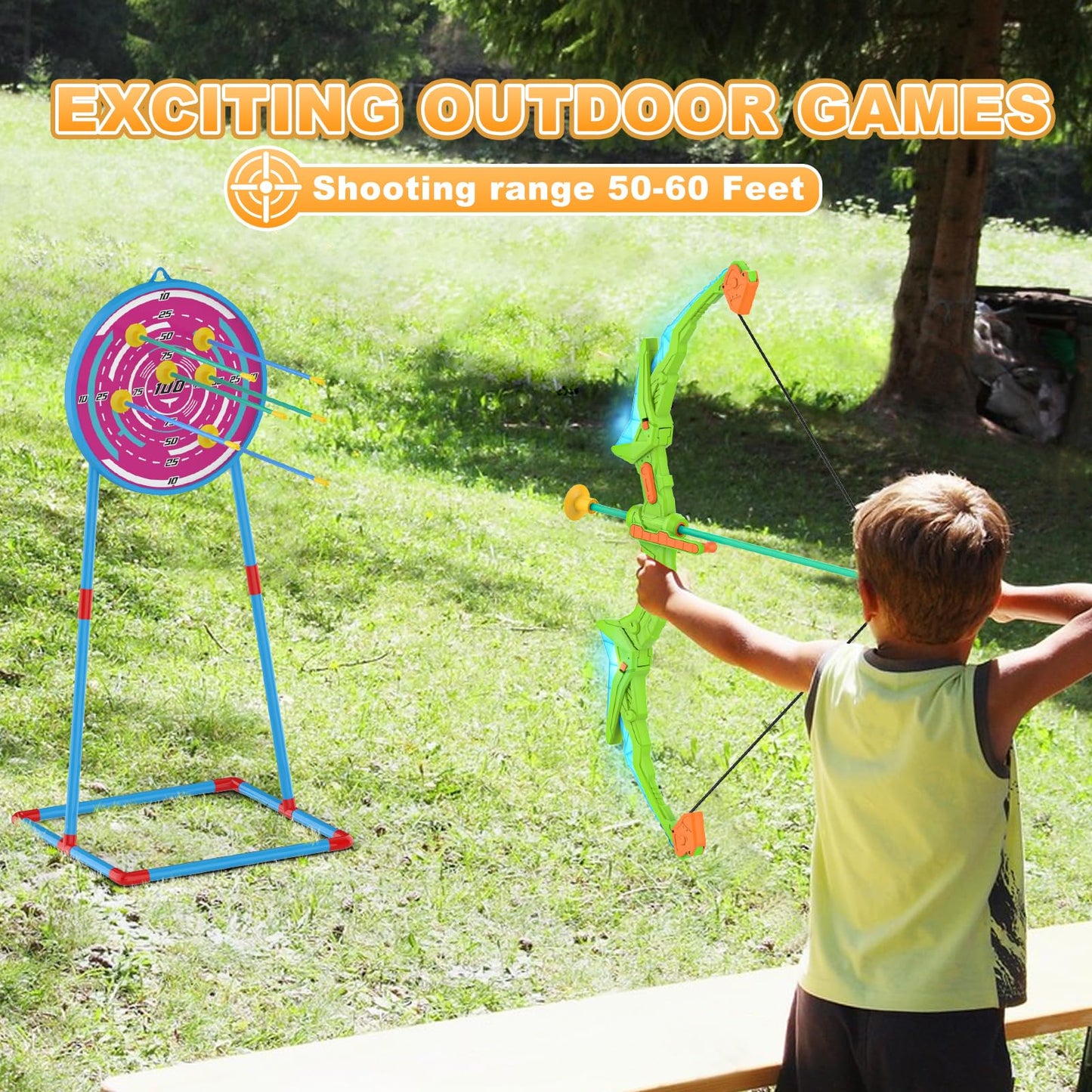 Kmuxilal 2 Pack Kids Bow and Arrow Set with LED Flash Lights, 14 Suction Cup Arrows and Standing Target-Perfect Indoor and Outdoor Archery Set Toy Gift for Boys and Girls Ages 4-12