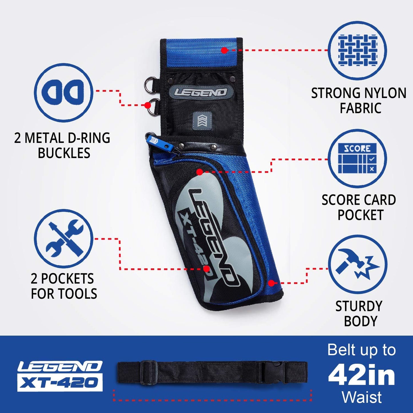 LEGEND XT420 Archery Field Quiver for Arrows - Right Handed Archery Hip Quiver with Belt, 3 Arrow Compartments - Storage Pocket for Archery Accessories - Durable Nylon Material - 5.25"x1.5"x16" Blue