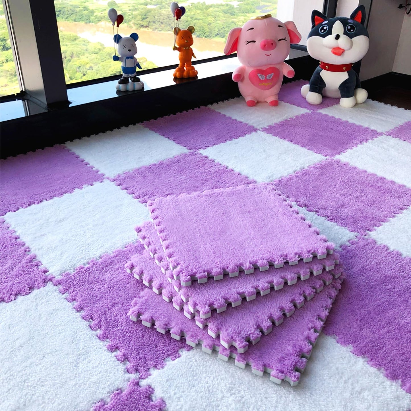 easycustomerlee 12pcs Interlocking Carpet Shaggy Soft EVA Foam Mats Fluffy Rugs Protective Floor Tiles Exercise Play Mats for Children Kids Room Home Parlor Bedroom(Purple)
