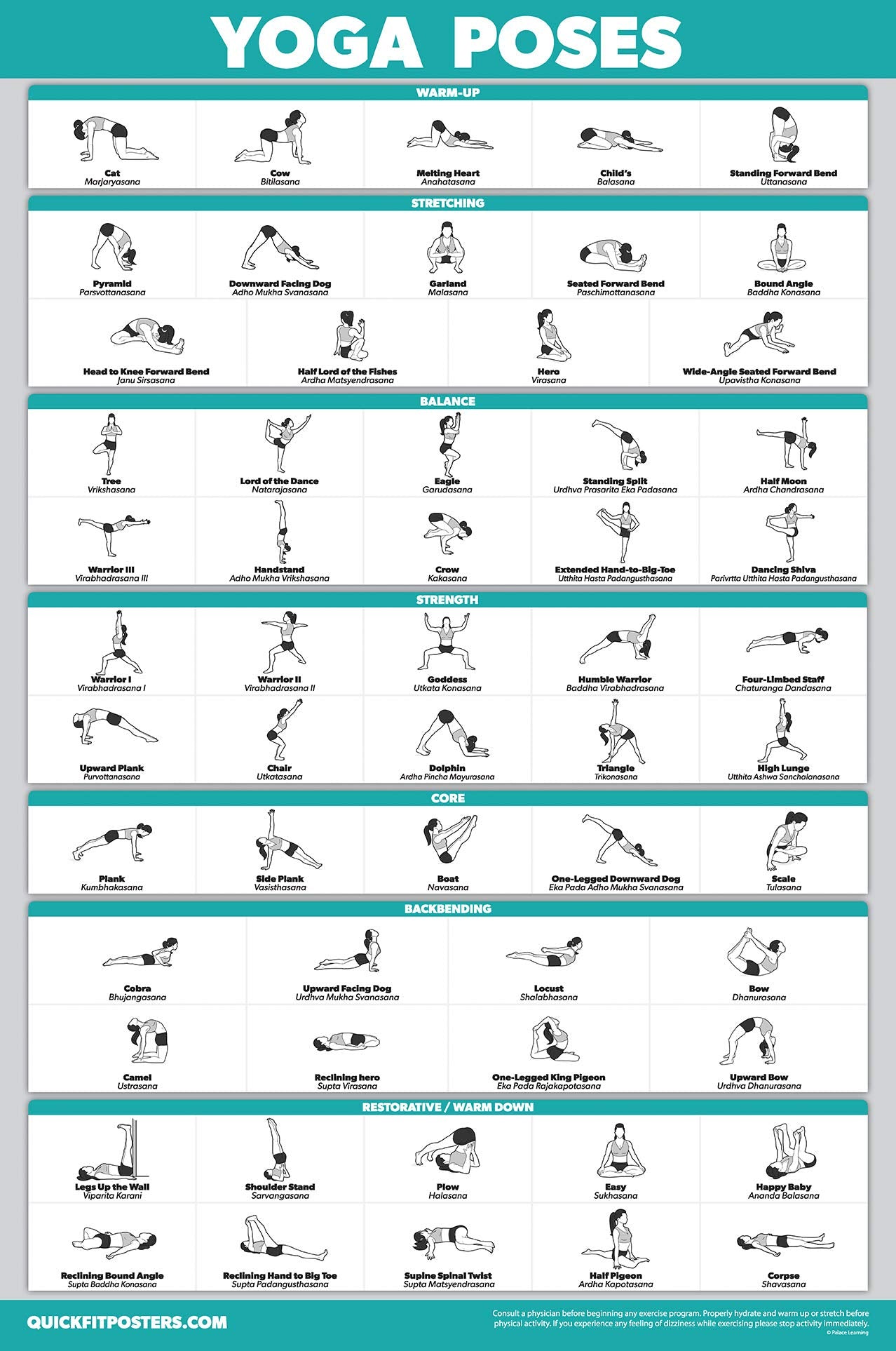 Palace Learning 4 Pack - Warm Up Exercises + Yoga Workouts + Stretching Exercises + Pilates Exercises - Set of 4 Workout Charts (LAMINATED, 18” x 24”)
