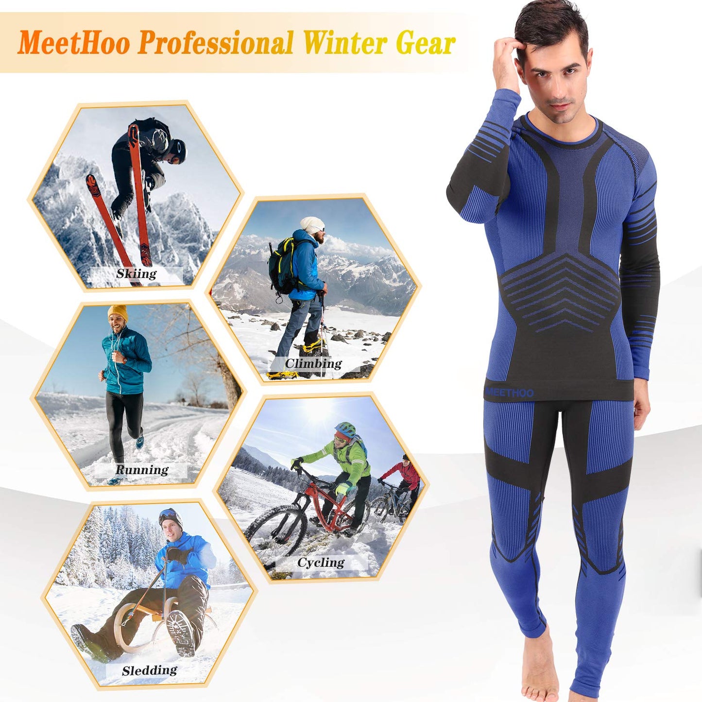 MeetHoo Men's Thermal Underwear Set Seamless Compression Base Layer Winter Cold Gear Sports Long Johns Bottoms for Ski Running Blue