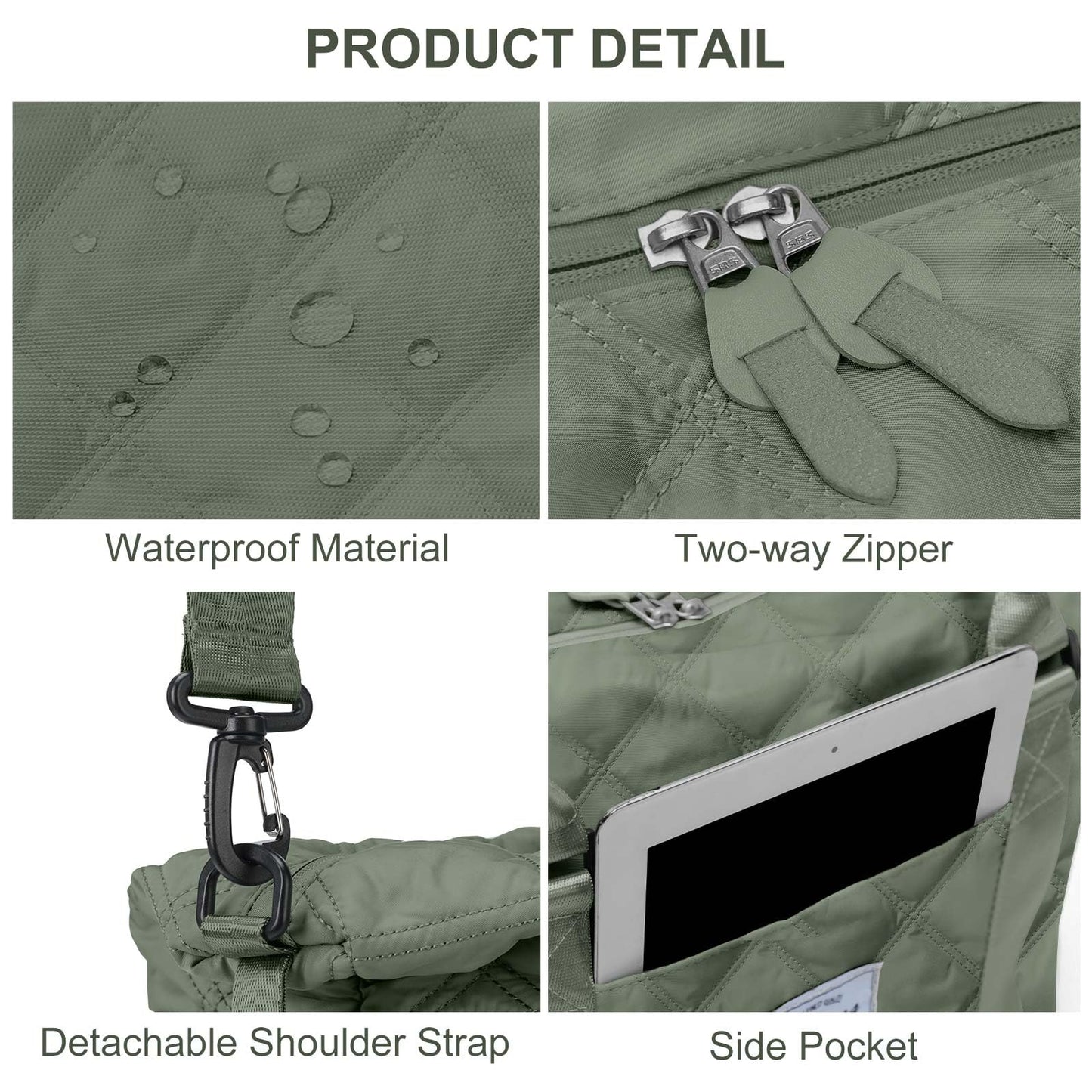 BJLFS Large Women's Waterproof Duffle Bag, Green Gym Tote Weekender Overnight Bag with Wet Bag, Fits 15.6 inch Laptop, Nylon Hobo Handbag