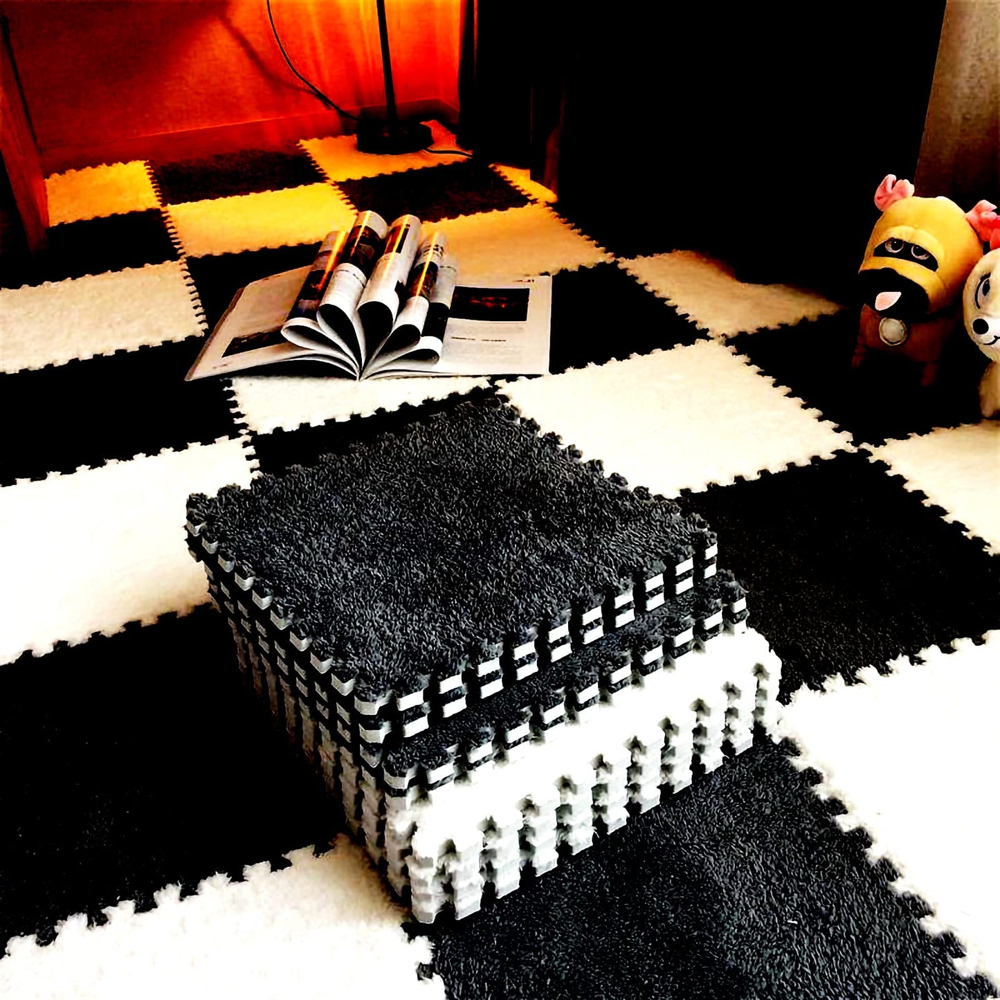 easycustomerlee 12pcs Interlocking Carpet Shaggy Soft EVA Foam Mats Fluffy Rugs Protective Floor Tiles Play Mats for Children Kids Room Home Parlor Bedroom(Black)