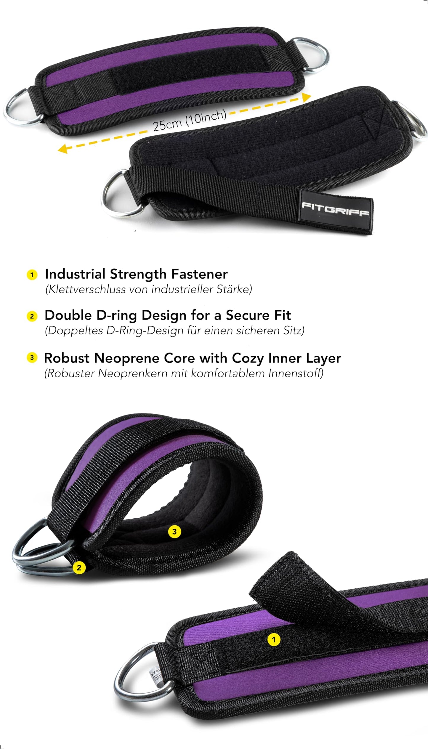 Fitgriff® Ankle Straps V1 for Cable Machine (2 Pieces) - Gym Workout Equipment - Leg Pulley Attachment, Kickback Straps (Purple)