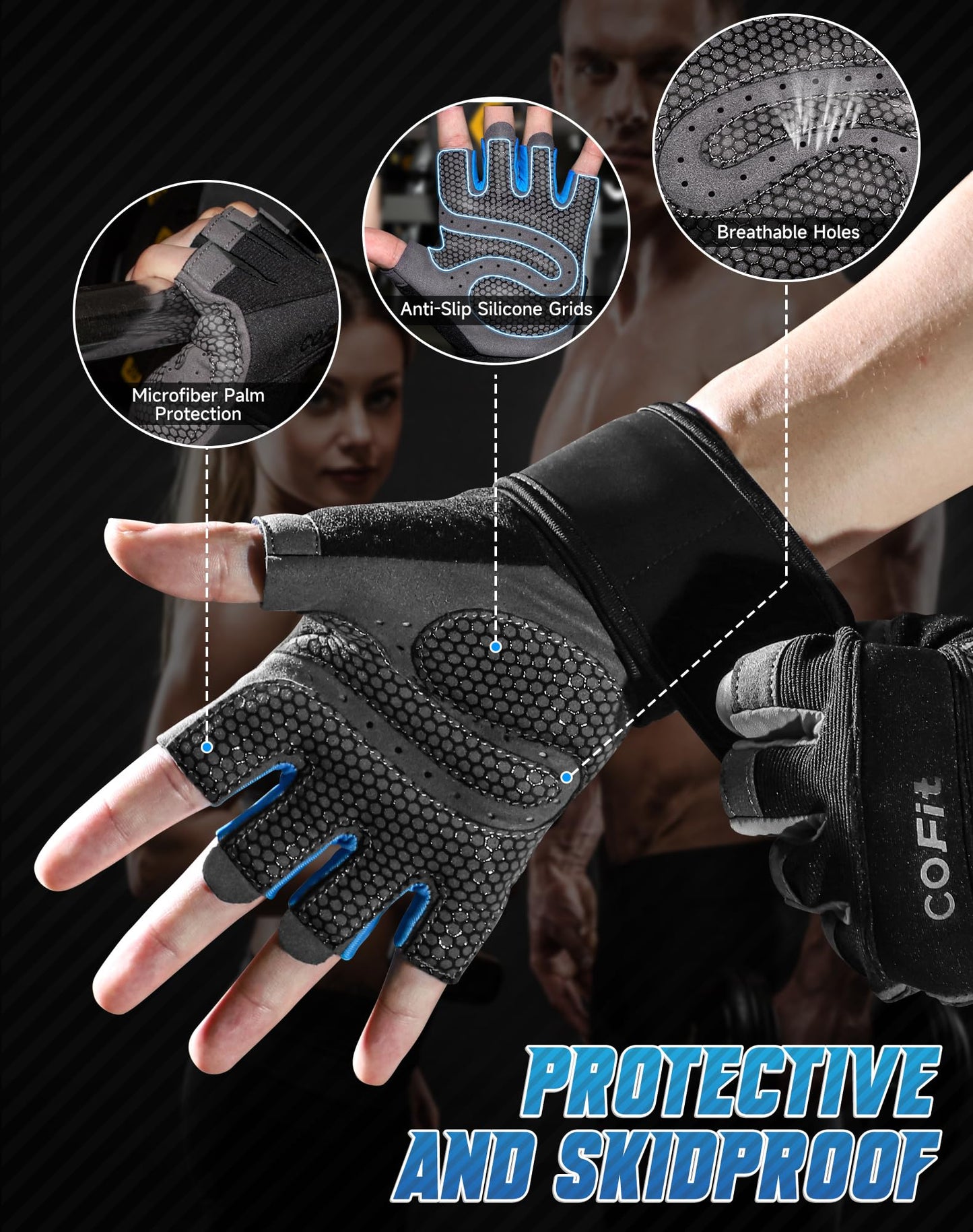 COFIT Breathable Workout Gloves, Antislip Weight Lifting Gym Gloves for Men Women with Wrist Wrap Support, Superior Grip & Palm Protection for Weightlifting, Fitness, Exercise, Training - Blue S