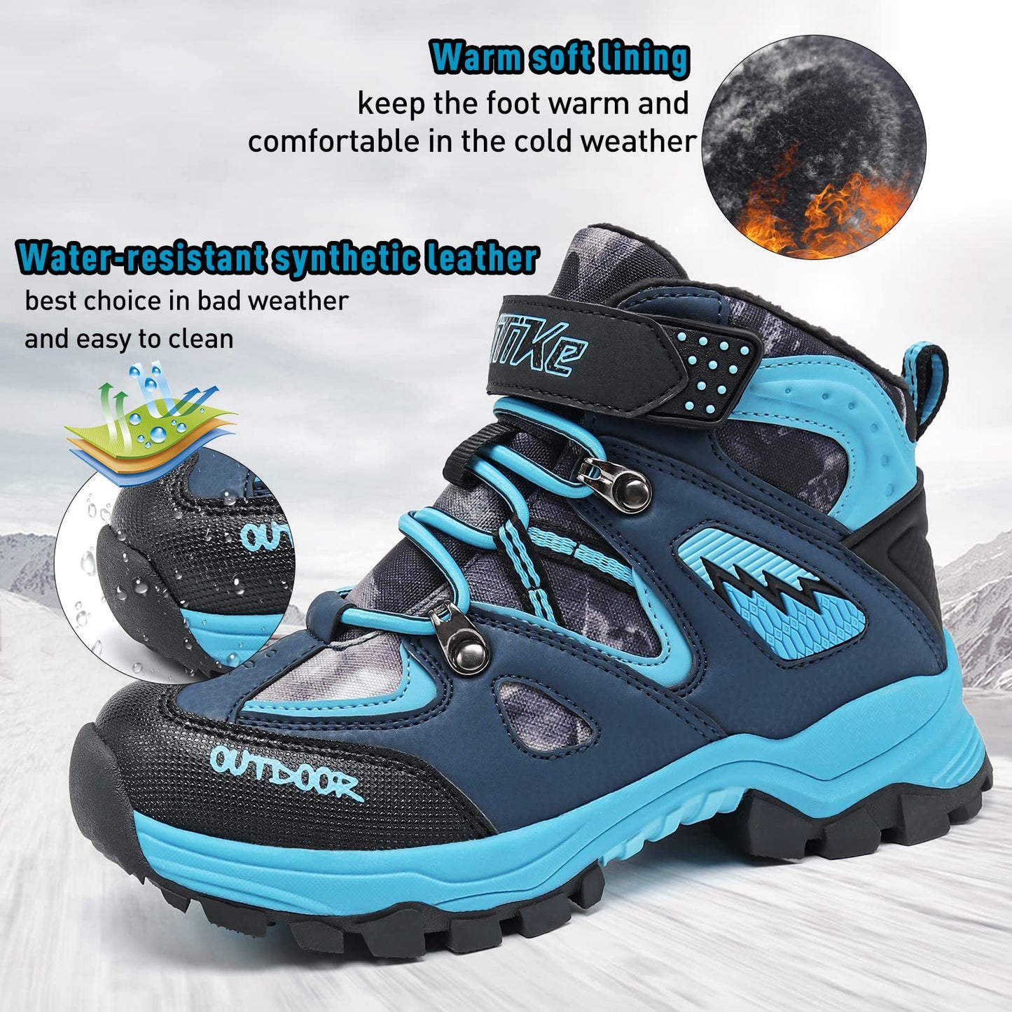 VITUOFLY Boys Hiking Boots Kids Warm Winter Snow Boots Girls Hiking Shoes Outdoor Adventure Trekking Shoes Anti-skid Sneakers Steel Buckle Black Blue Size 1