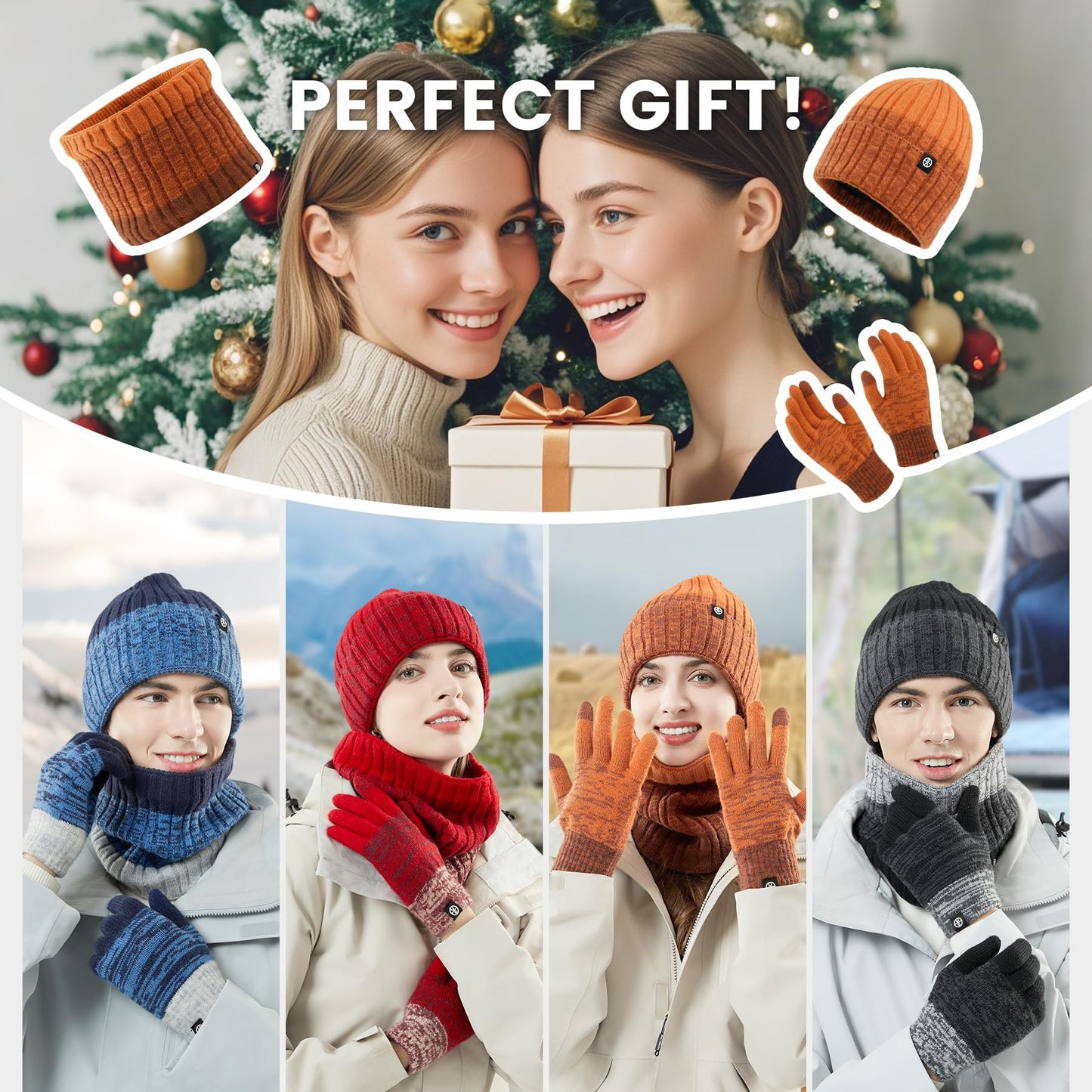 MA COWCF Winter Beanie Hat Scarf Gloves Set, Touchscreen Gloves Neck Warmer Scarf Fleece Lined Knit Skull Caps Winter Gift for Women Men (Black)
