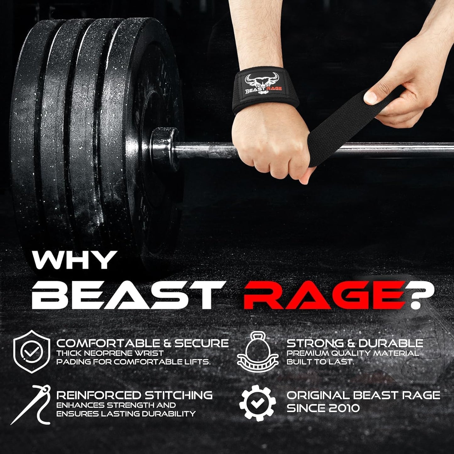 BEAST RAGE Lifting Wrist Straps for Weightlifting, Weight Lifting Straps Gym Power Workouts Lifting Straps Padded Cotton Men Women Supportive Lift Deadlift Straps Hard Pull Exercise Straps (Original Black)