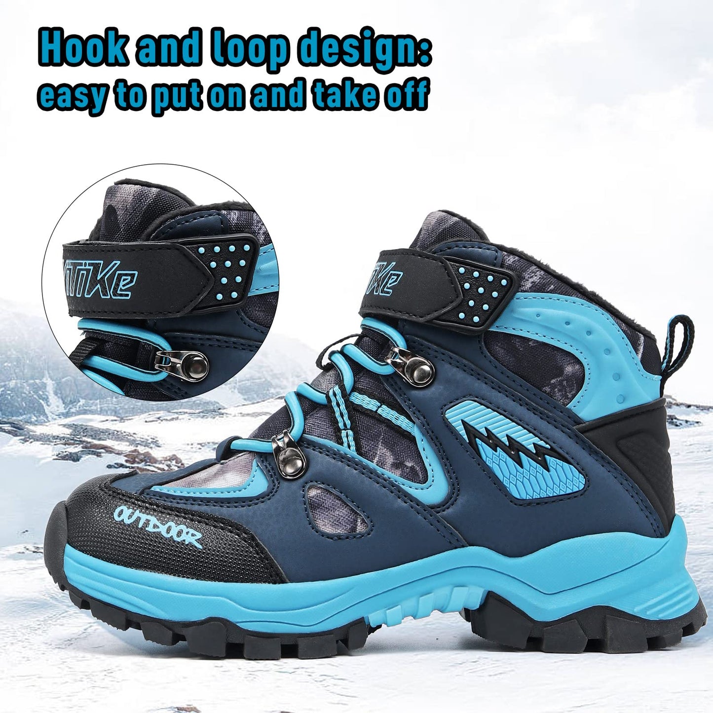VITUOFLY Boys Hiking Boots Kids Warm Winter Snow Boots Girls Hiking Shoes Outdoor Adventure Trekking Shoes Anti-skid Sneakers Steel Buckle Black Blue Size 1