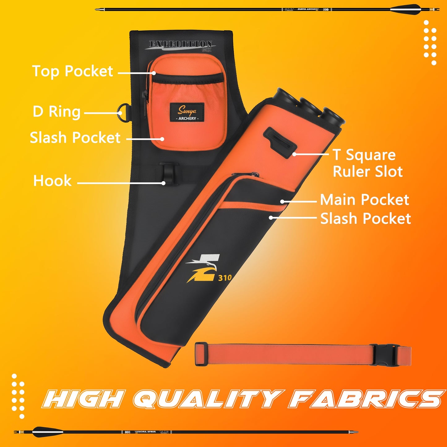 SUNYA Archery Hip Quiver for Arrows. Includes 3 Tubes Arrow Holder, Accessories Pockets and Waist Belt. Fit for Compound and Recurve Bow Practice. (Orange)