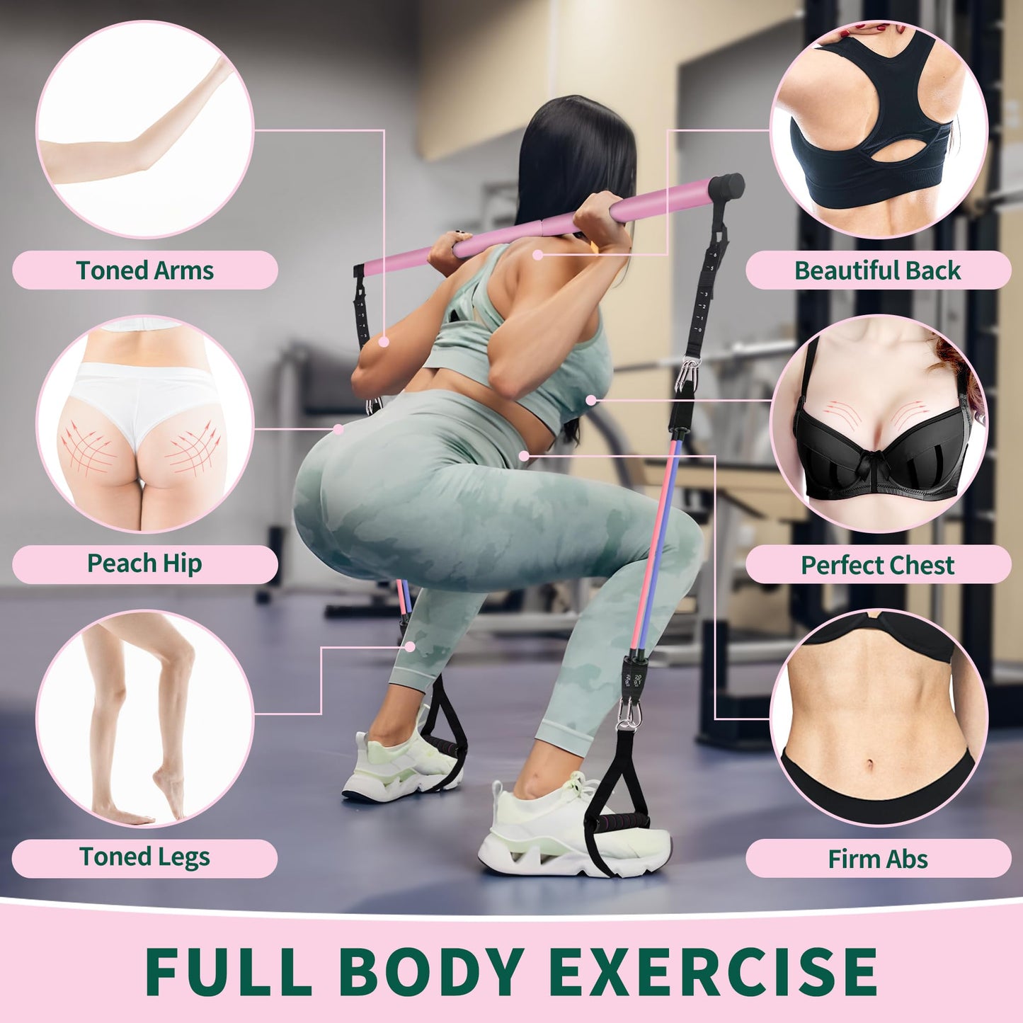 Pilates Bar Kit with Resistance Bands, Multifunctional Stretched Fusion Pilates Bar Kit for Women, Men, Pilates Sculpt Bar with Adjustable Buckle for Full Body Workouts, Squat Equipment