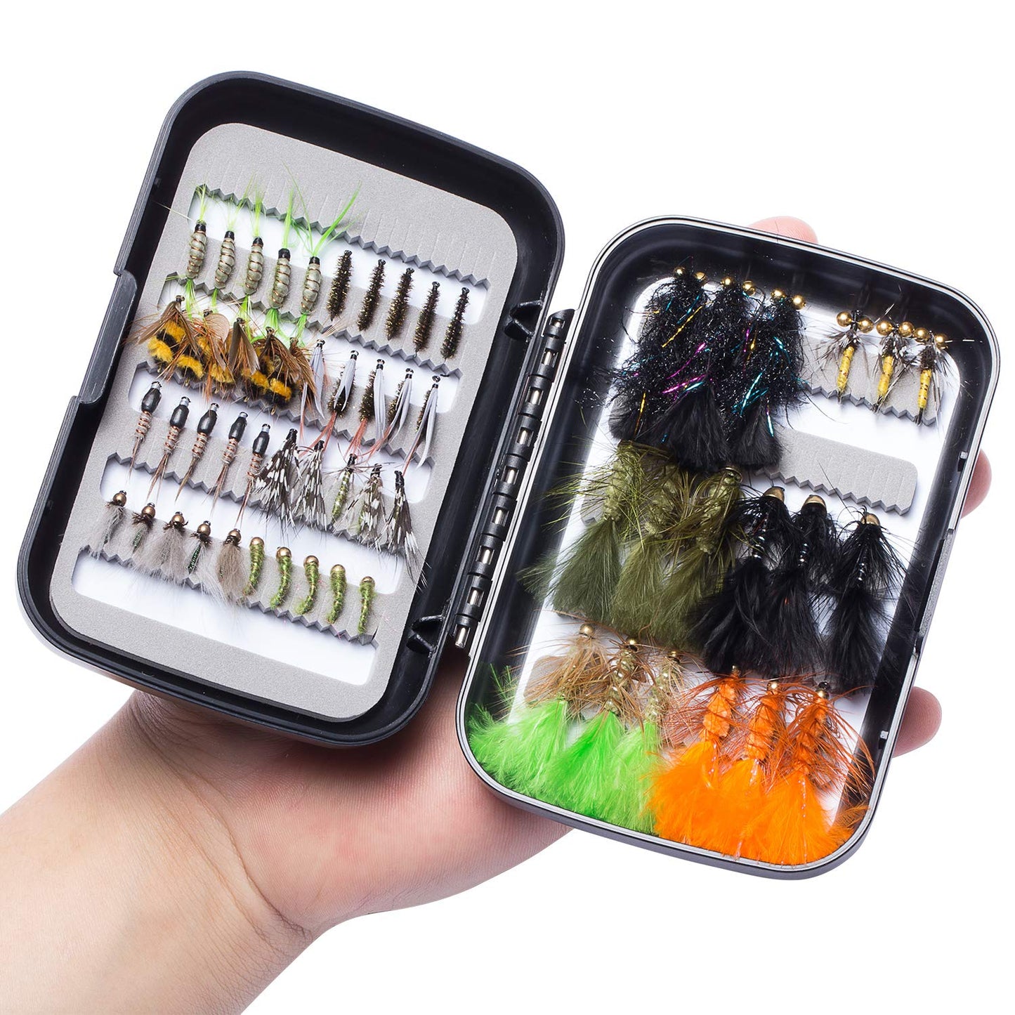 BASSDASH Fly Fishing Flies Kit Fly Assortment Trout Bass Fishing with Fly Box, 36/64/72/76/80/96pcs with Dry/Wet Flies, Nymphs, Streamers, Popper (58 pcs Assorted Trout Flies)