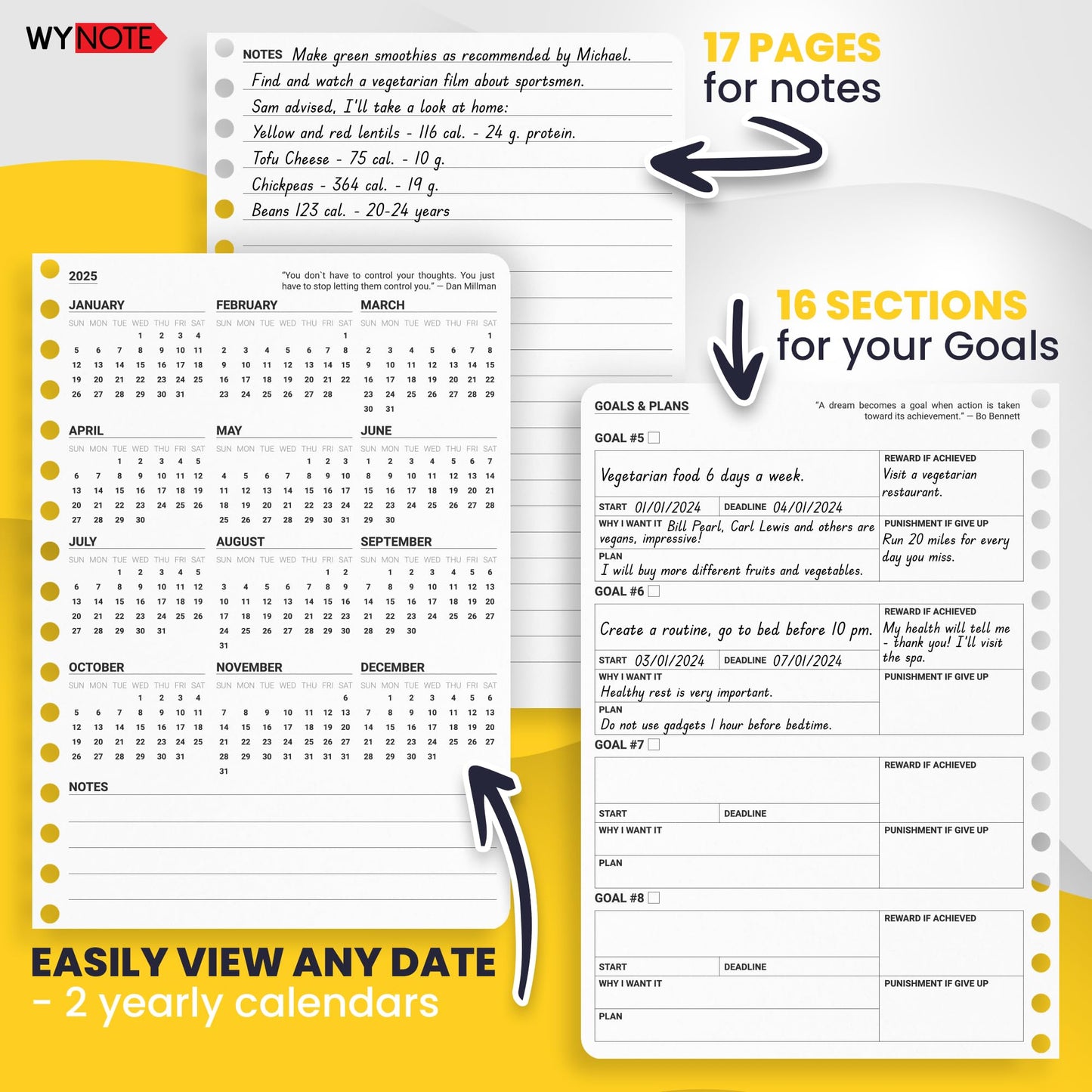 Fitness Journal Amber Yellow on 150+ Workouts + Yearly Calendar + 55 Tracking Values - A5 Workout Journal with Fat tracking - Planner to 12 items to track + 7 comparative periods + Goals