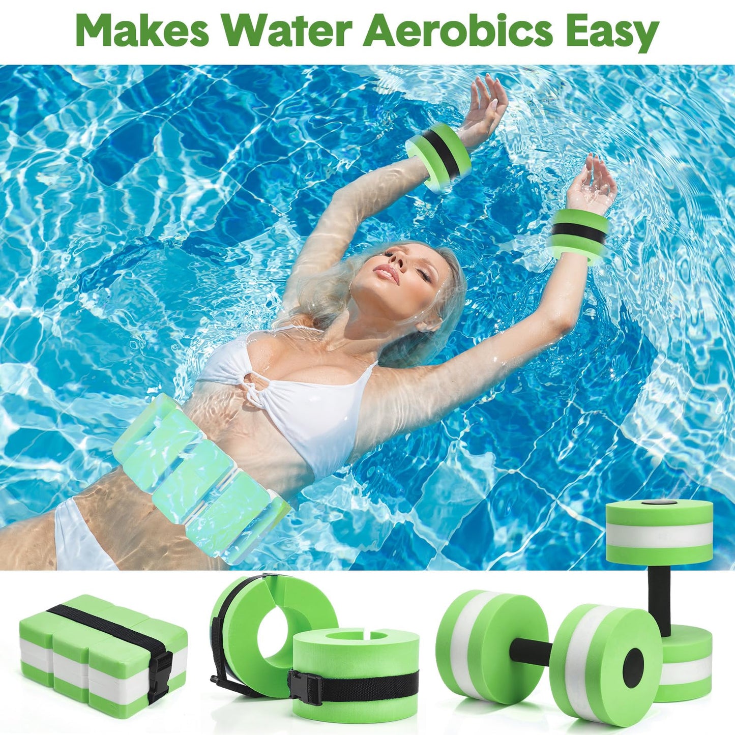 Motionchic 5 Pcs Aquatic Exercise Set Including 2 Ankle Swimming Weights 2 Lightweight Aquatic Exercise Dumbbells and Swim Belt Pool Exercise Equipment for Aquatic Aerobics Exercise (Green)