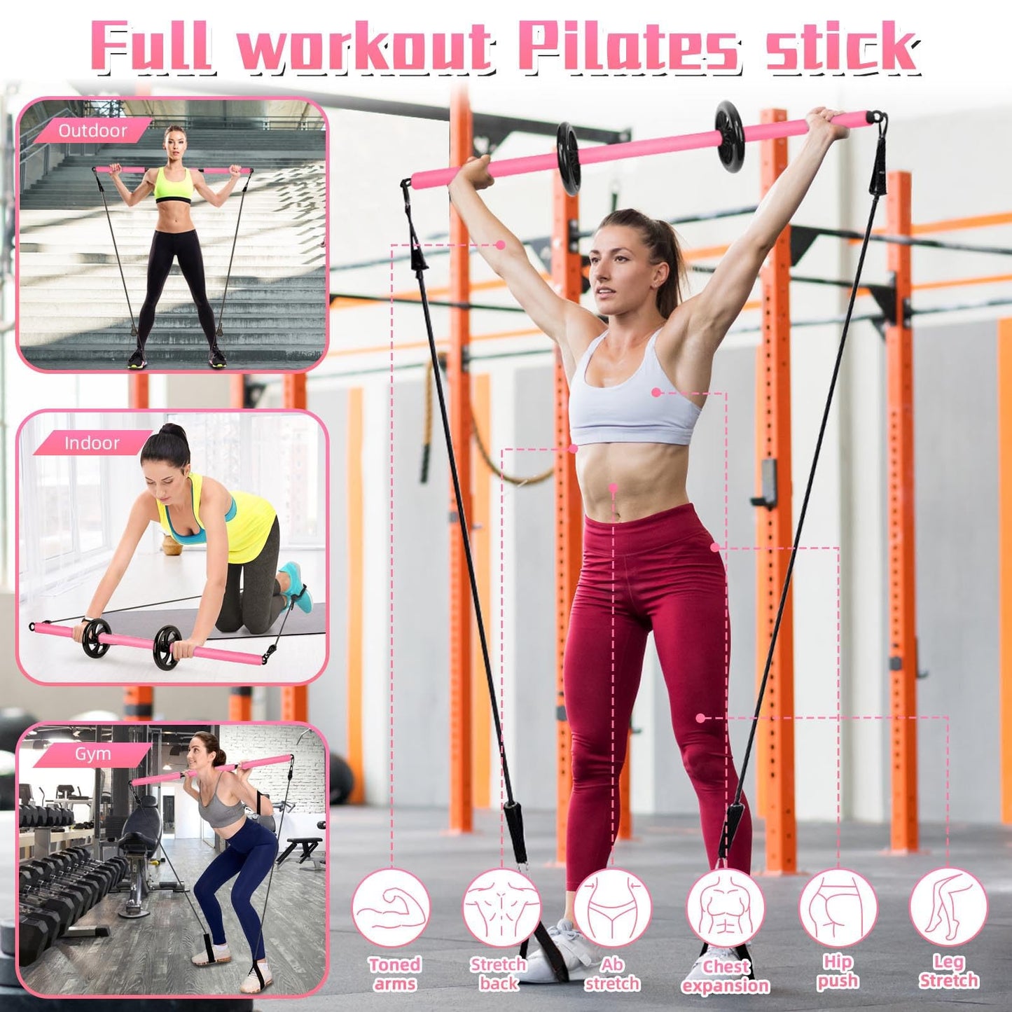 Portable Pilates Bar, Pilates Resistance Band Bar with Ab Roller, 3-Section Multifunctional Pilates for Stretched Exercise, Home Gym Yoga Stick for Full Body Workout Training Women & Men (Pink)