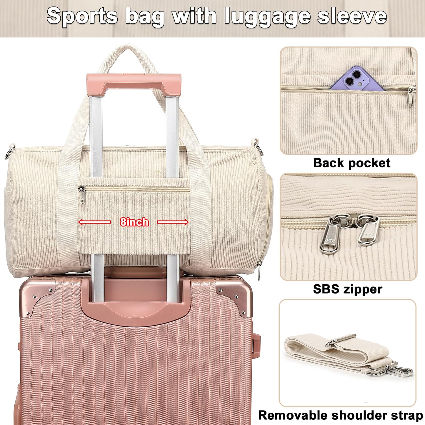 Duffle Bag for Gym Sports Women Girls Workout Travel Bag Weekender with Shoe Compartment and Wet Pocket (Corduroy-tan)