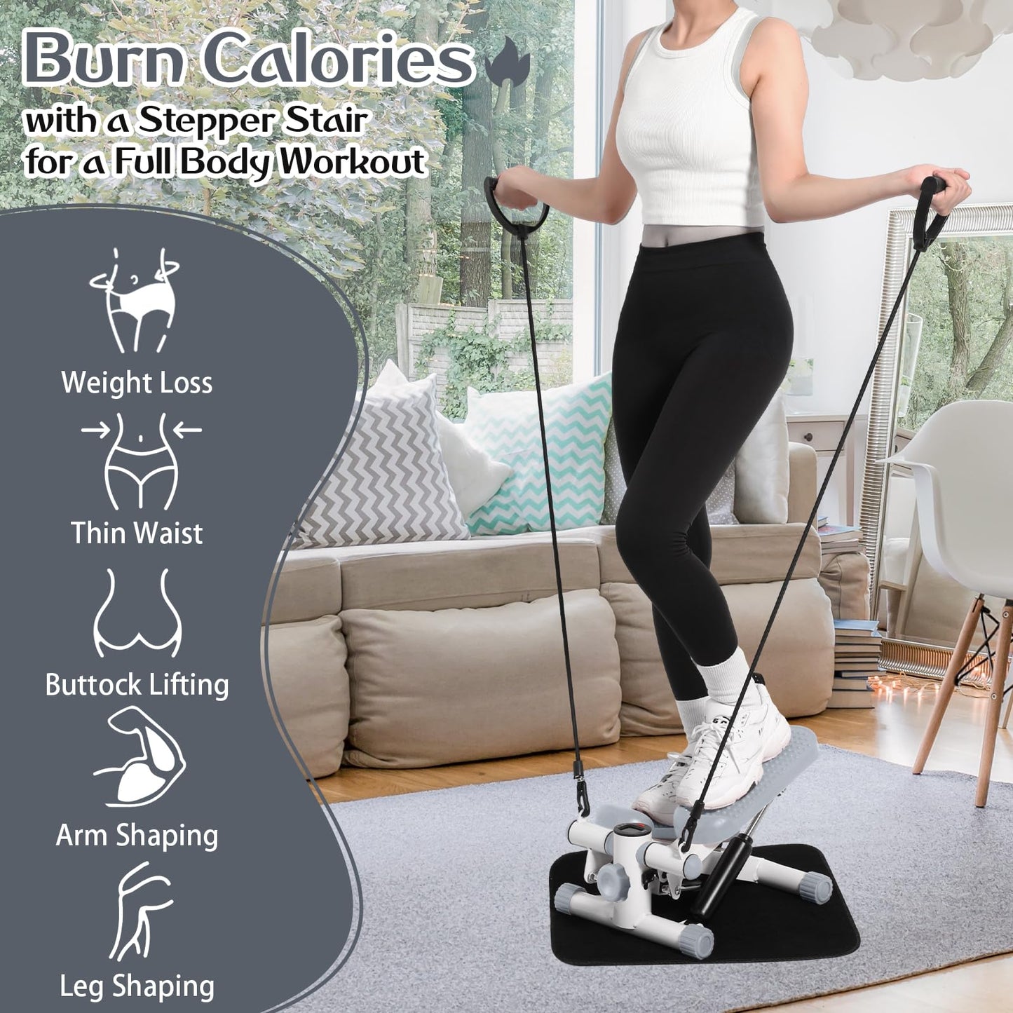 Lemosae Steppers for Exercise Fitness Stair Stepper with 300 lb Loading Capacity Mini Stepper Stair with LCD Monitor and Resistance Bands Adjustable for Home Office Workouts (Gray)