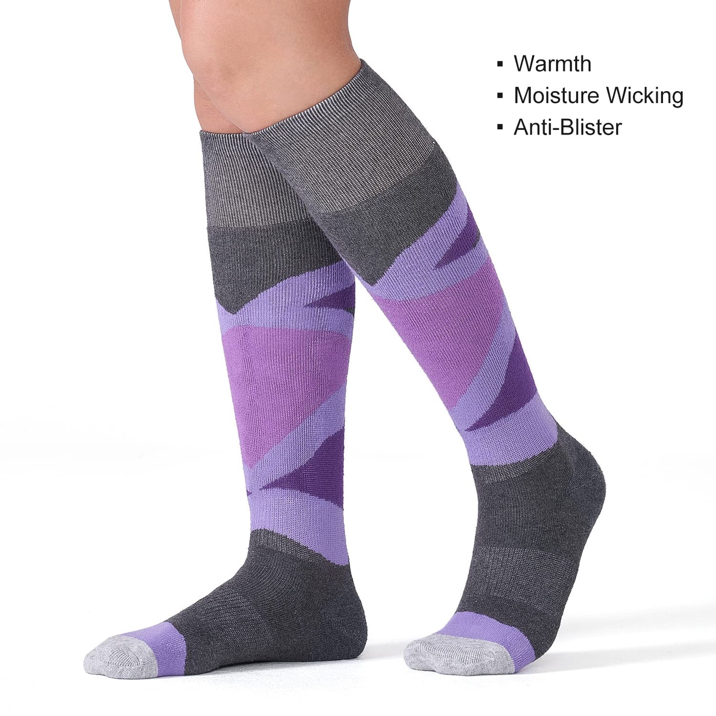 CS CELERSPORT 2 Pack Merino Wool Women's Ski Socks with Full Cushion, Winter Warm Thermal Socks for Skiing Snowboarding, Rose + Purple, Small