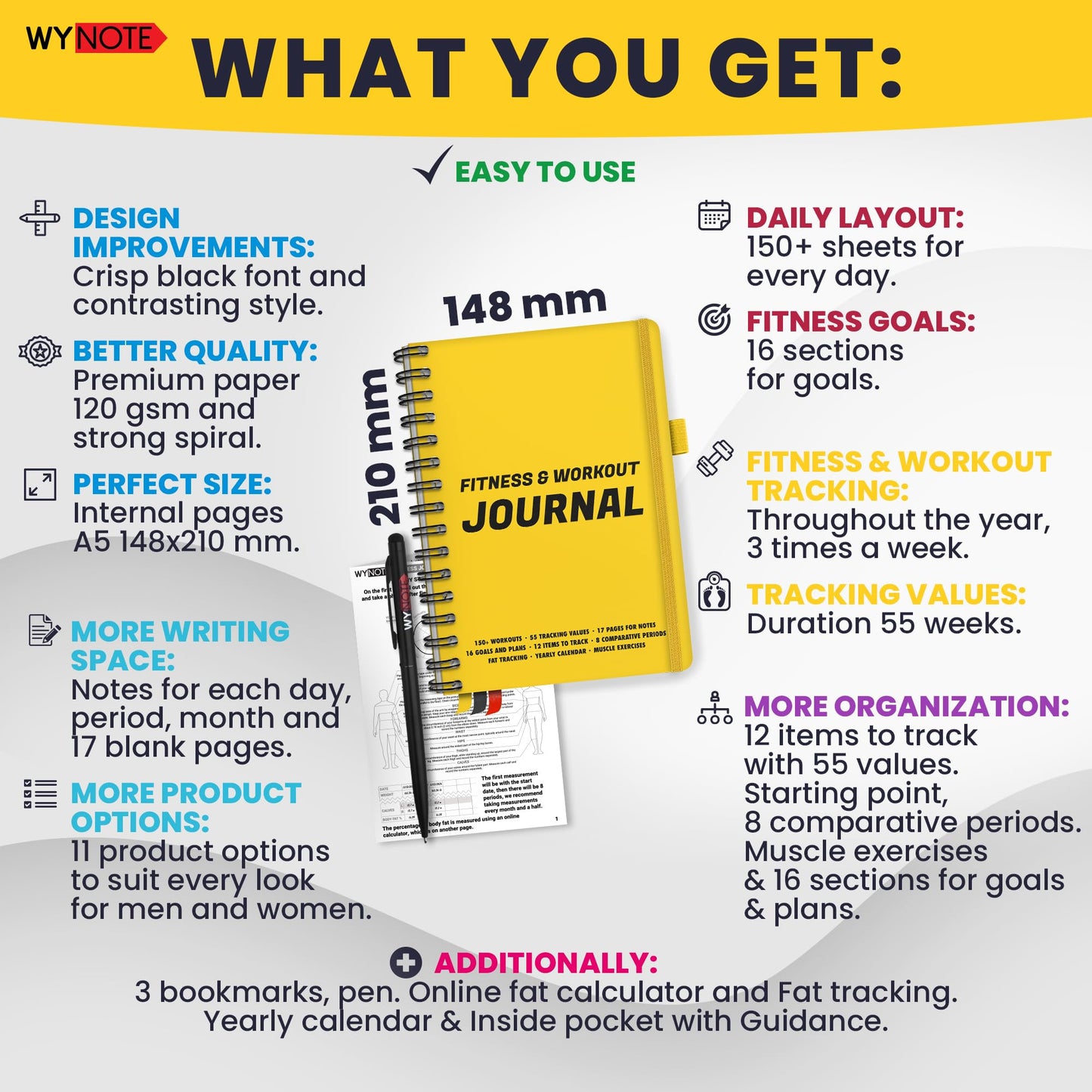 Fitness Journal Amber Yellow on 150+ Workouts + Yearly Calendar + 55 Tracking Values - A5 Workout Journal with Fat tracking - Planner to 12 items to track + 7 comparative periods + Goals