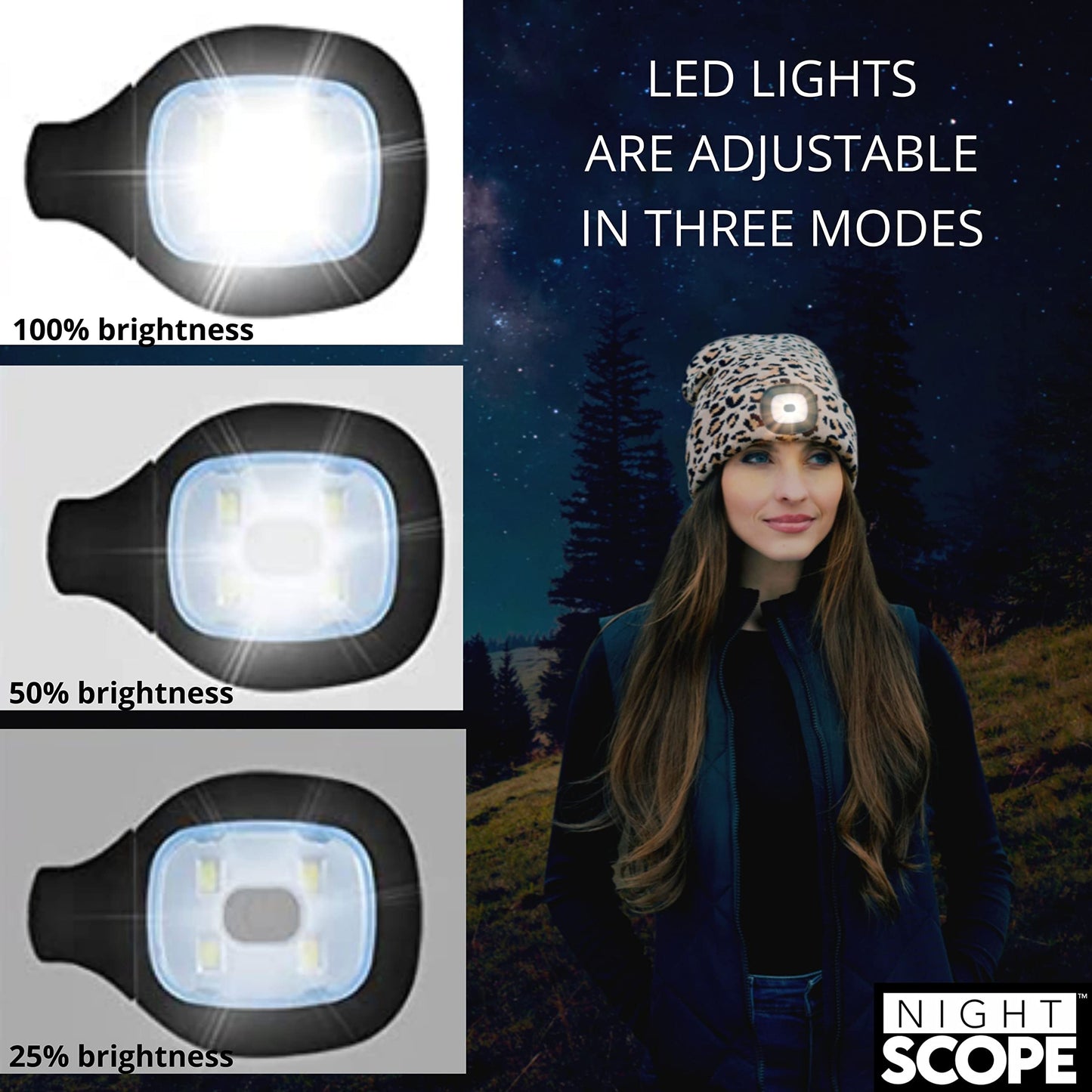 Night Scope Rechargeable LED Warm Knit Beanie Brightside Collection Hand-Free Lighted Head Lamp Hat for Women Men Girls Unisex - Wildcat