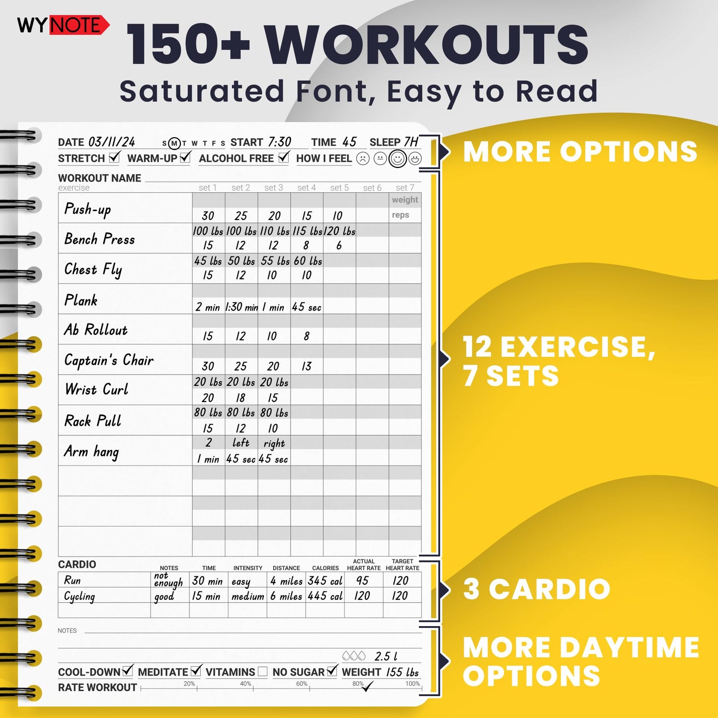 Fitness Journal Amber Yellow on 150+ Workouts + Yearly Calendar + 55 Tracking Values - A5 Workout Journal with Fat tracking - Planner to 12 items to track + 7 comparative periods + Goals