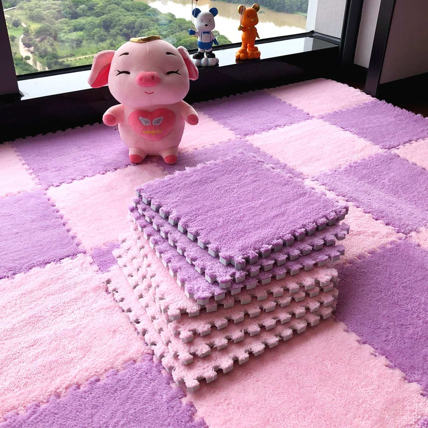 easycustomerlee 12pcs Interlocking Carpet Shaggy Soft EVA Foam Mats Fluffy Rugs Protective Floor Tiles Exercise Play Mats for Children Kids Room Home Parlor Bedroom(Purple)
