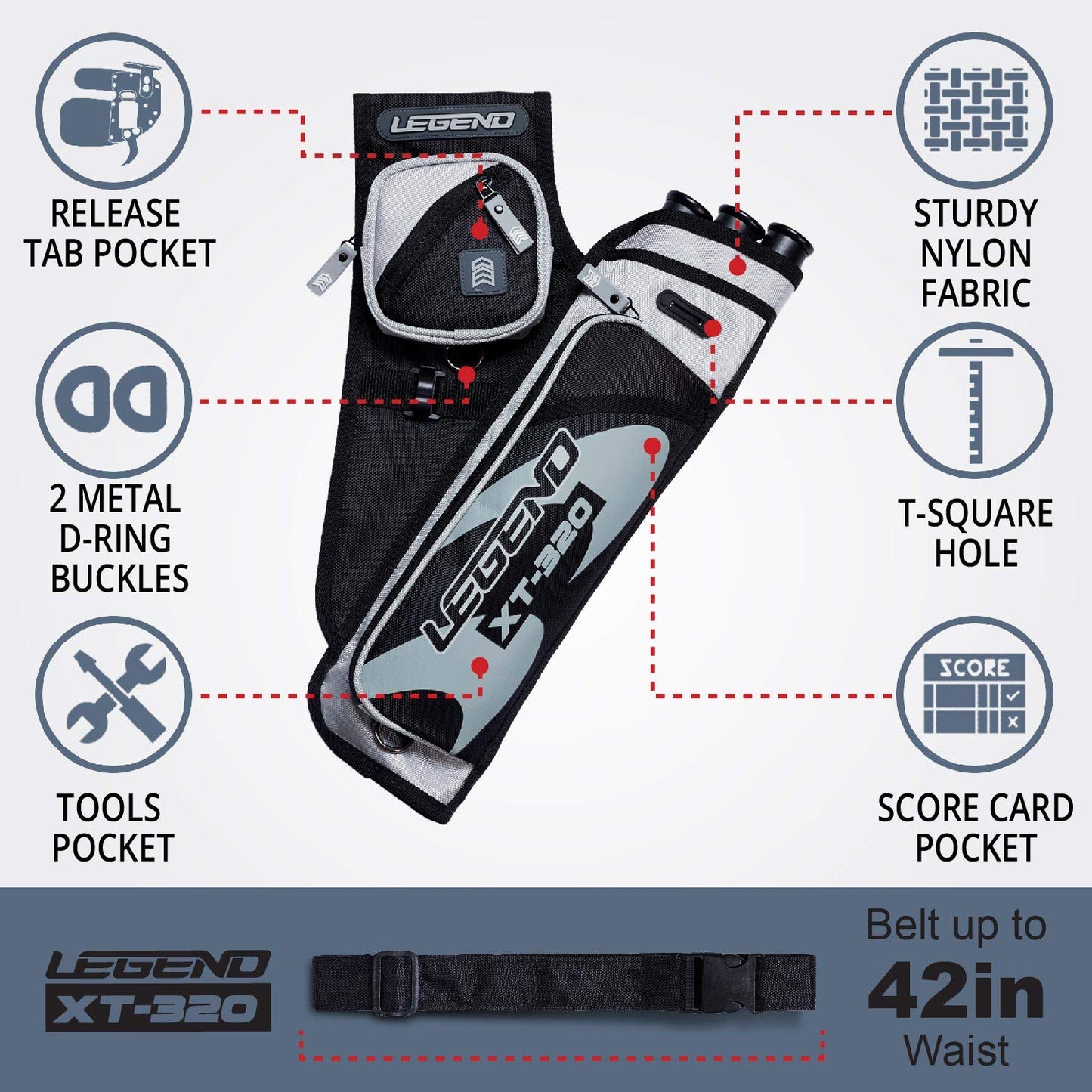 Legend XT320 Archery Quivers - Left Handed Nylon Hip Quivers with 3 Arrow Tube Cases for Target Shooting - Adjustable Waist Belt, T-Slot, Compartments for Accessories, Tools, Release Tab - Grey