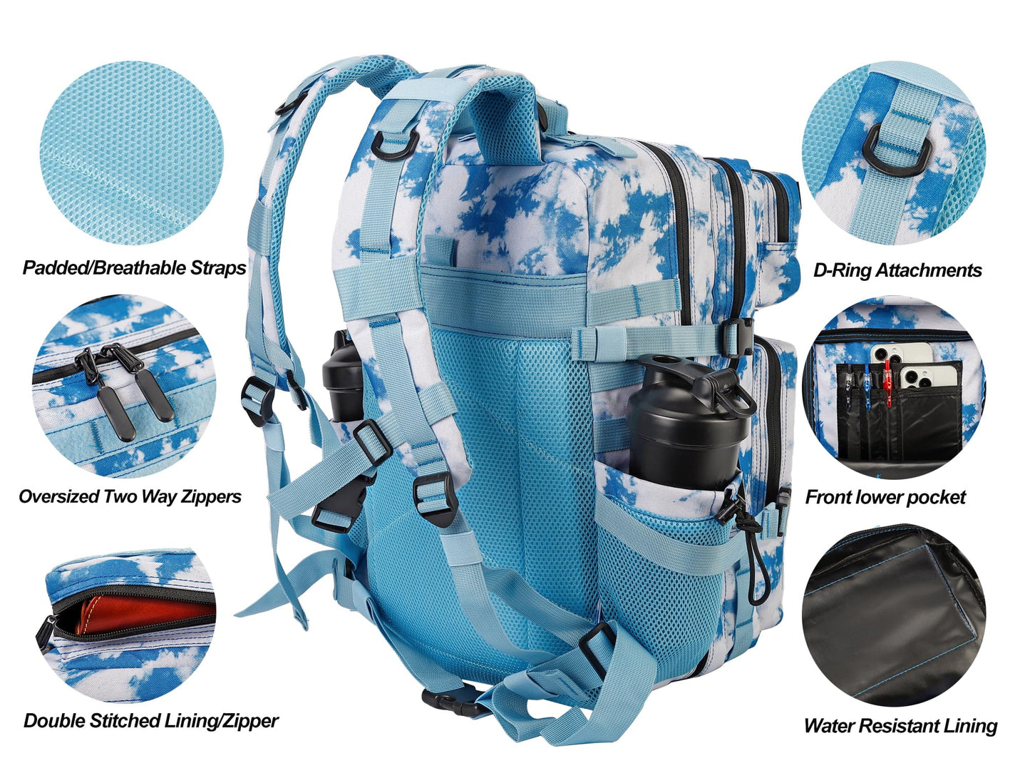 LHI Military Tactical Backpack for Men and Women 45L Army 3 Days Assault Pack Bag Large Rucksack with Molle System - Light blue tie-dye