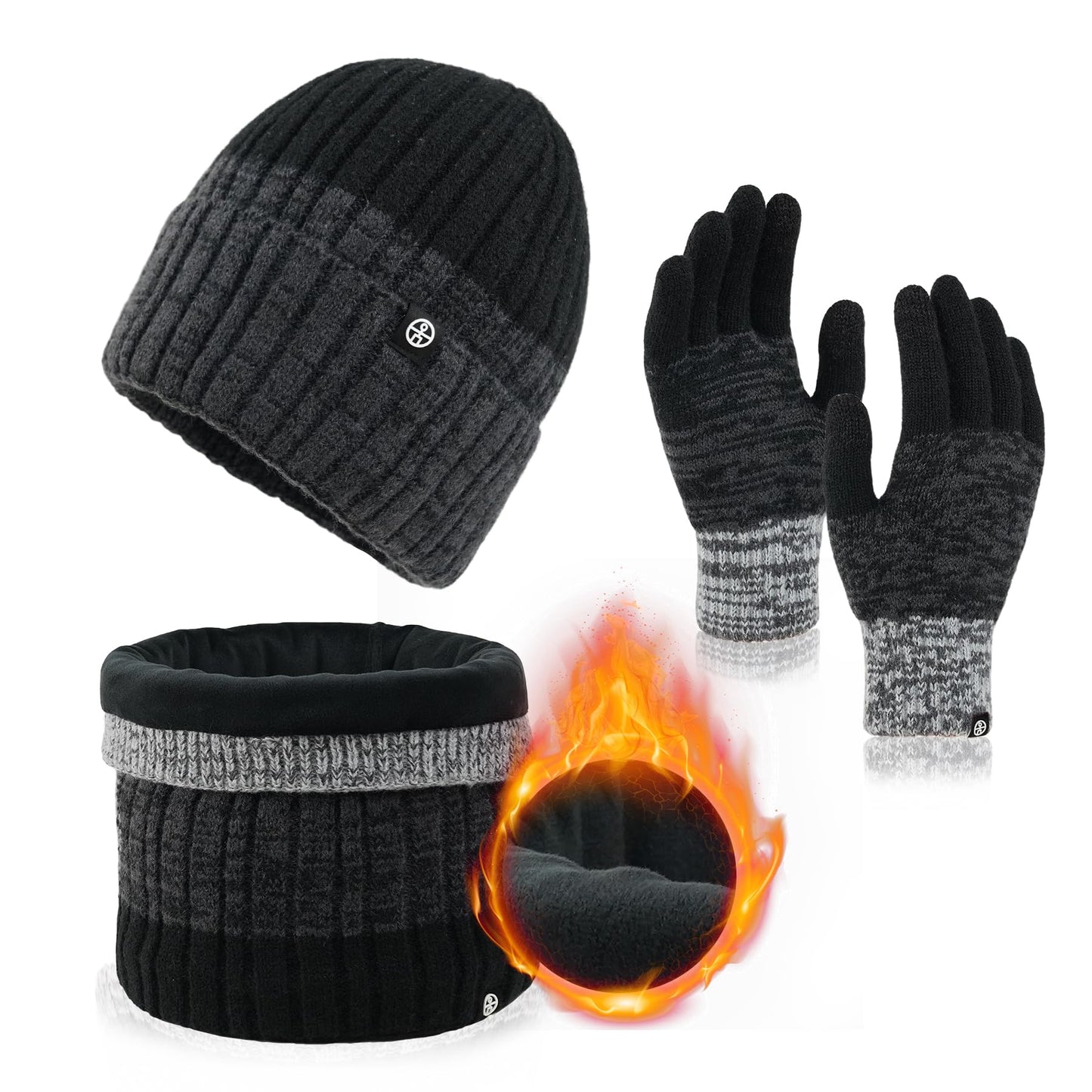 MA COWCF Winter Beanie Hat Scarf Gloves Set, Touchscreen Gloves Neck Warmer Scarf Fleece Lined Knit Skull Caps Winter Gift for Women Men (Black)