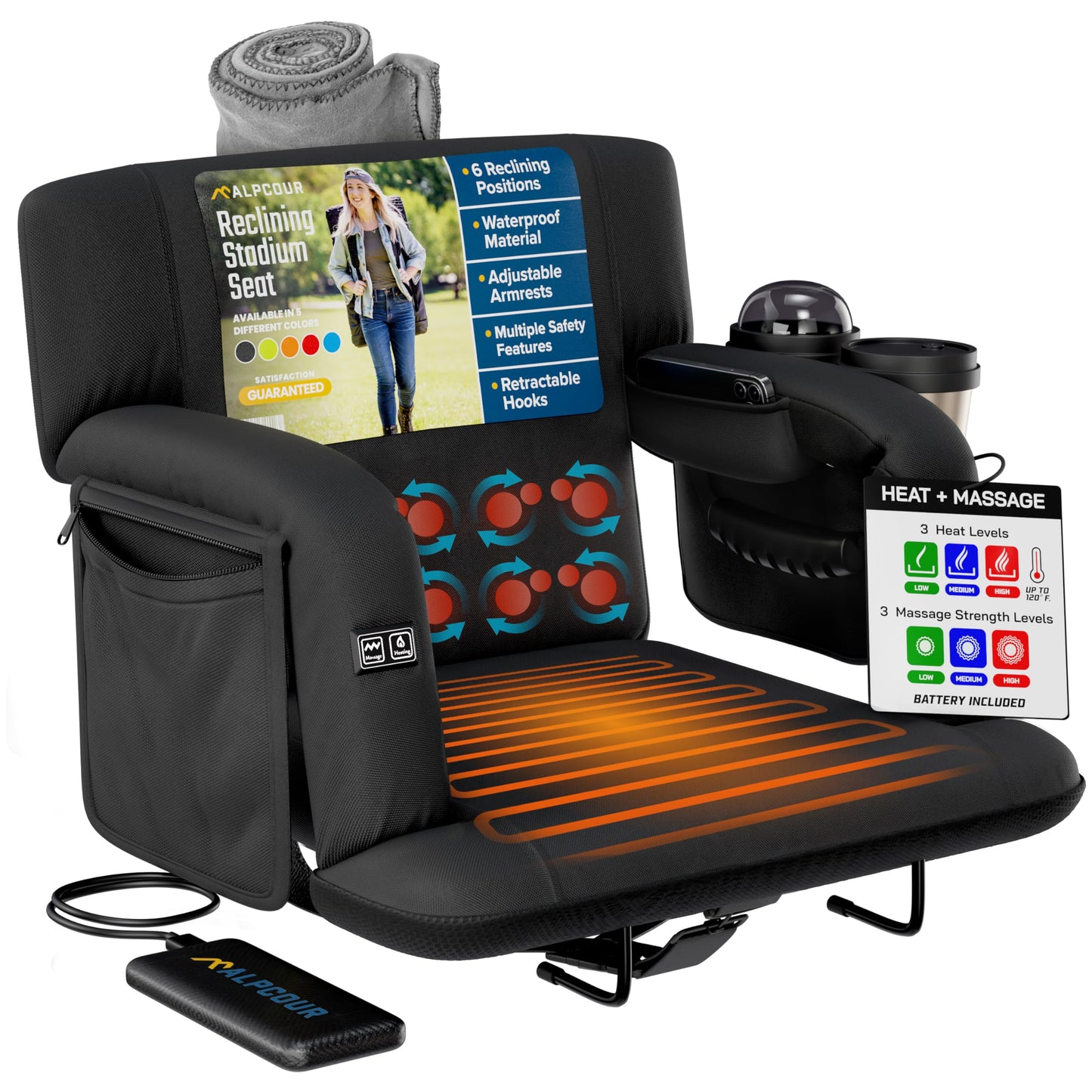 Alpcour Heated Massage Reclining Stadium Seat for Bleachers – Wide Bleacher Chair with Back Support and Cushion, Armrests, Large Pockets, and Multiple Safety Features – Best Stadium Seats Chairs