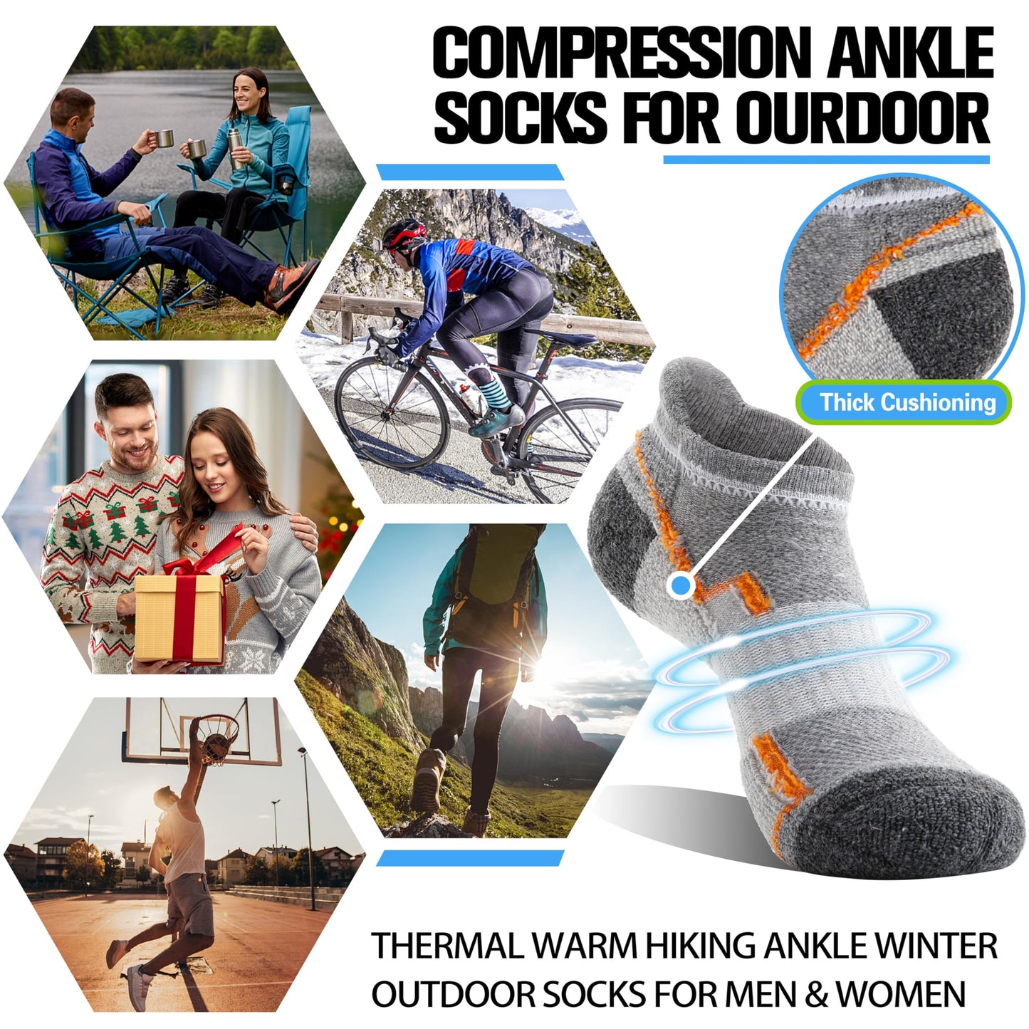 Welwoos Merino Wool Ankle Hiking Socks Thermal Warm Thick Winter Compression Support Running Cushion Athletic No Show Socks for Women Men Gifts Stocking Stuffers 6 Pairs(Light Grey,L)