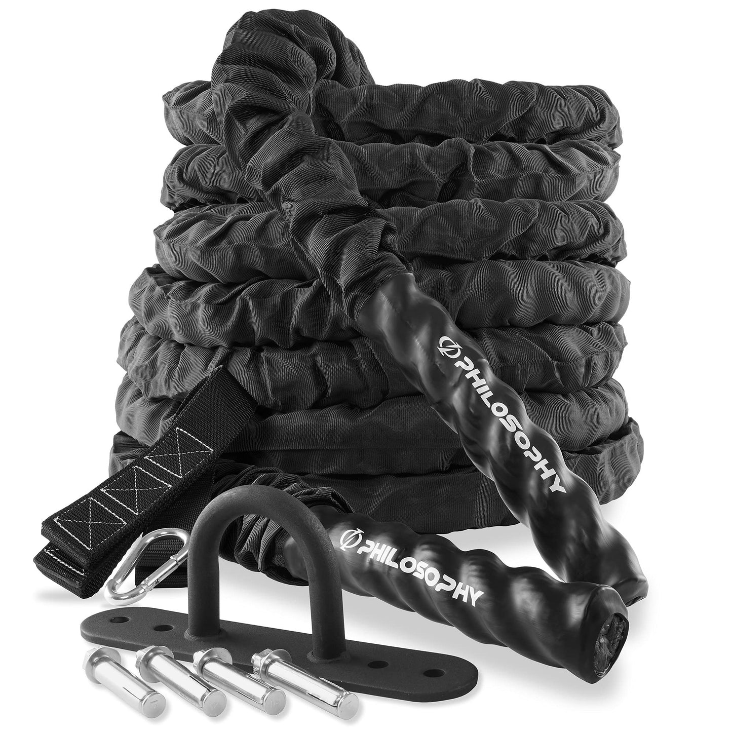 Philosophy Gym 50 Foot Exercise Battle Rope 2 Inch Diameter with Cover and Anchor Kit