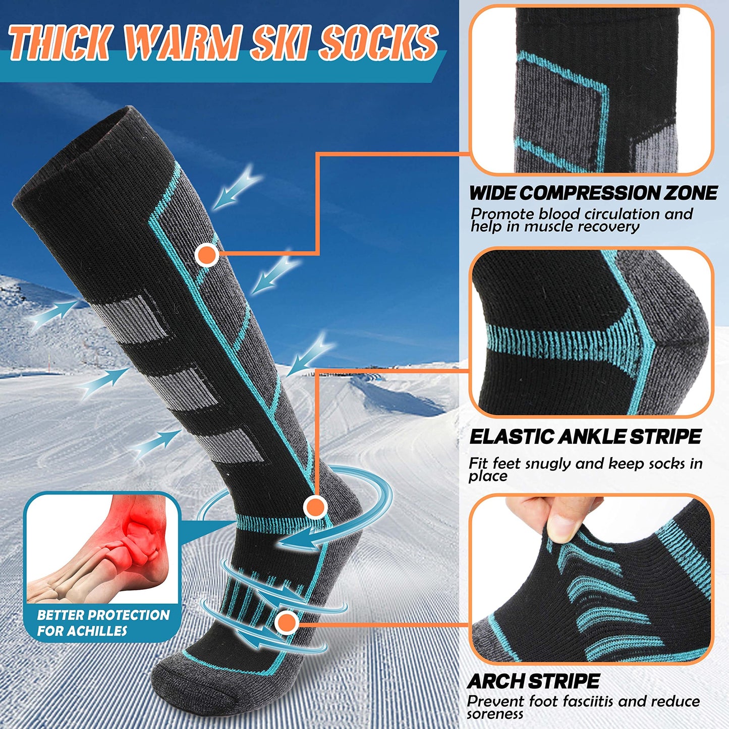 ANTSANG Mens Womens Merino Wool Ski Socks Thermal Warm Winter Thick Knee High Gift Socks Skiing Snowboarding Socks 3 Pairs(Arrow-Ski Grey/Blue A,M)